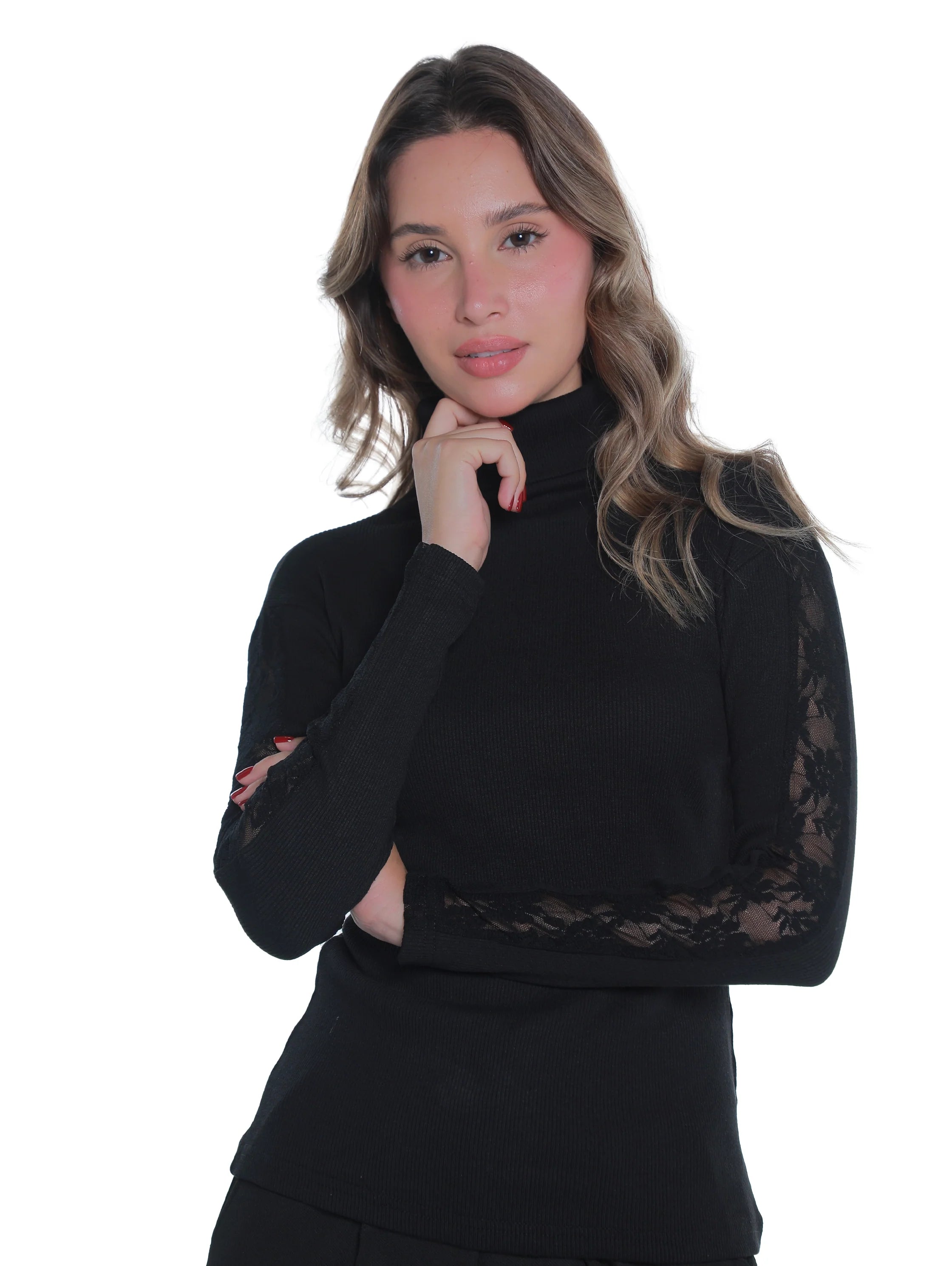 High Neck Black Ribbed Top With Sleeves Design