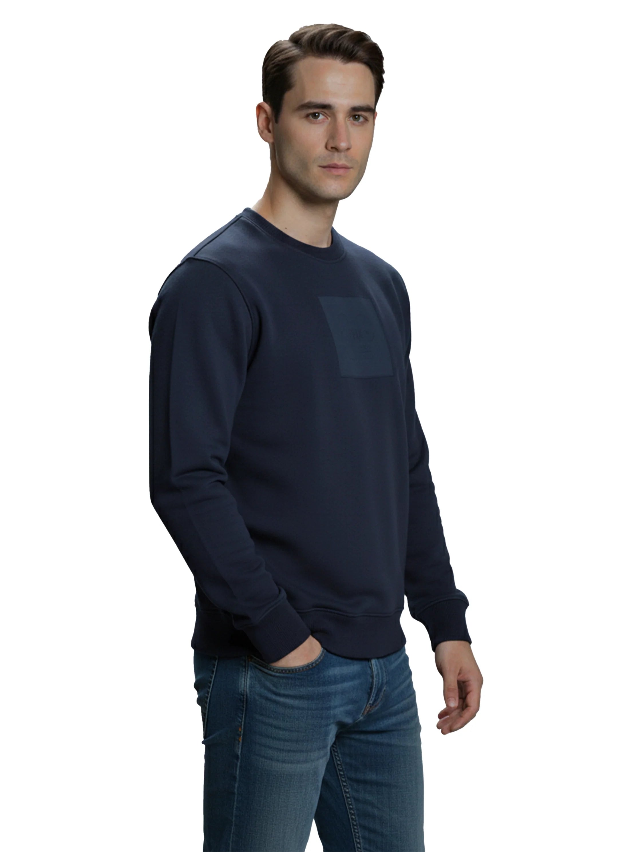 Round Neck Long Sleeve Cotton Navy Sweater