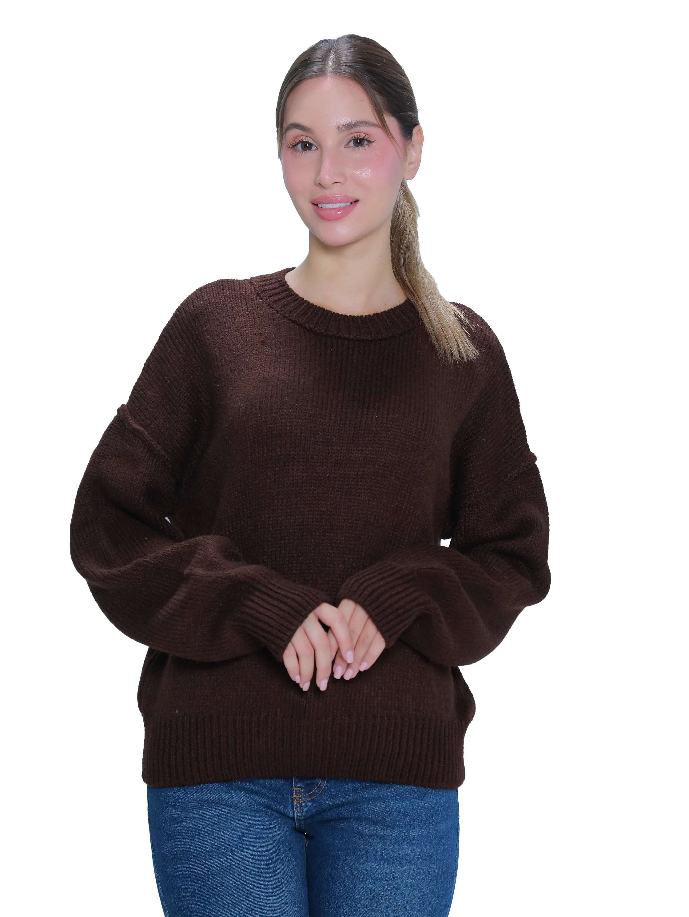 Round Neck Brown Long Sleeved Sweater