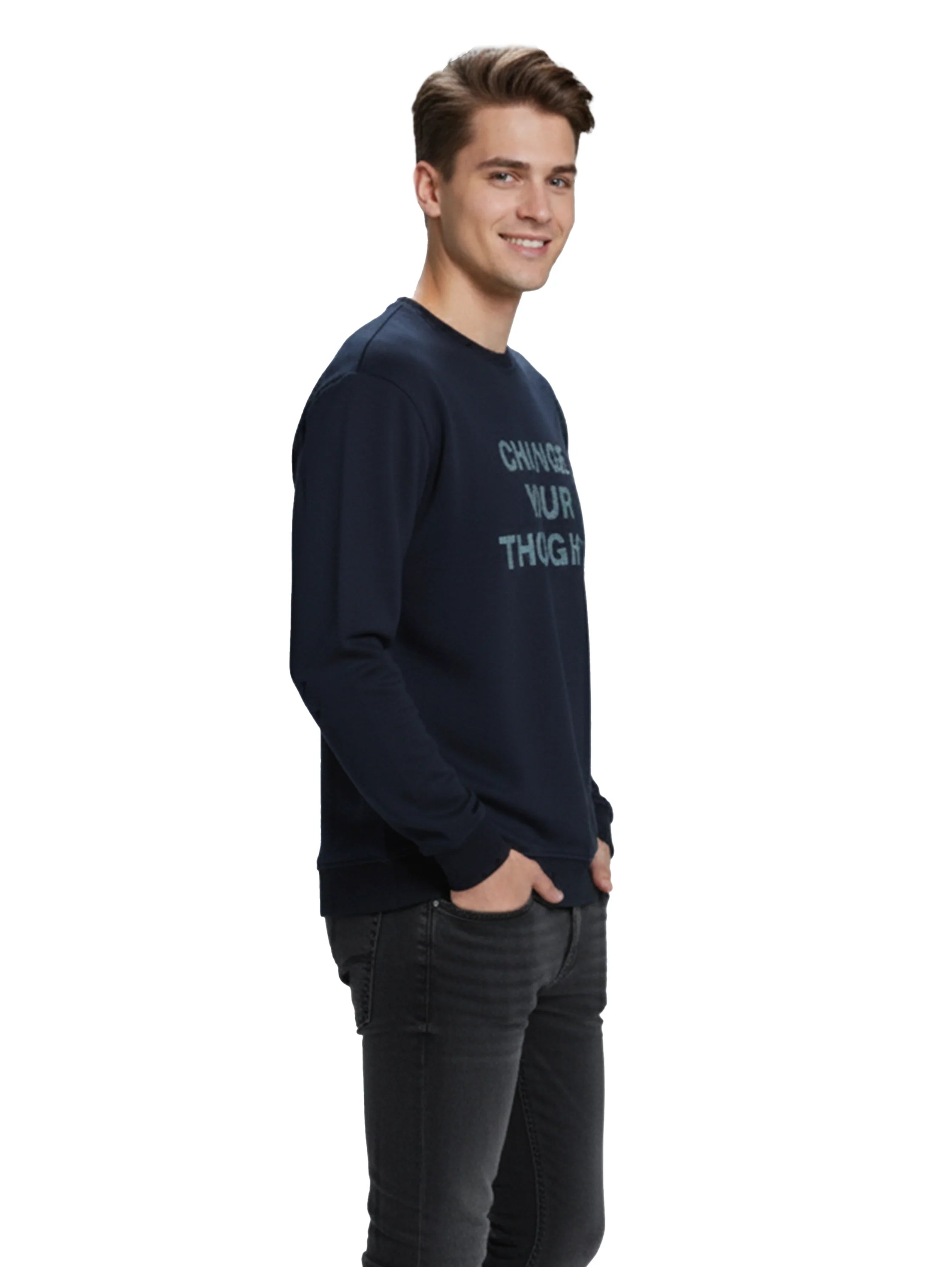 Navy Sweater With " Change Your Thought " Front Design