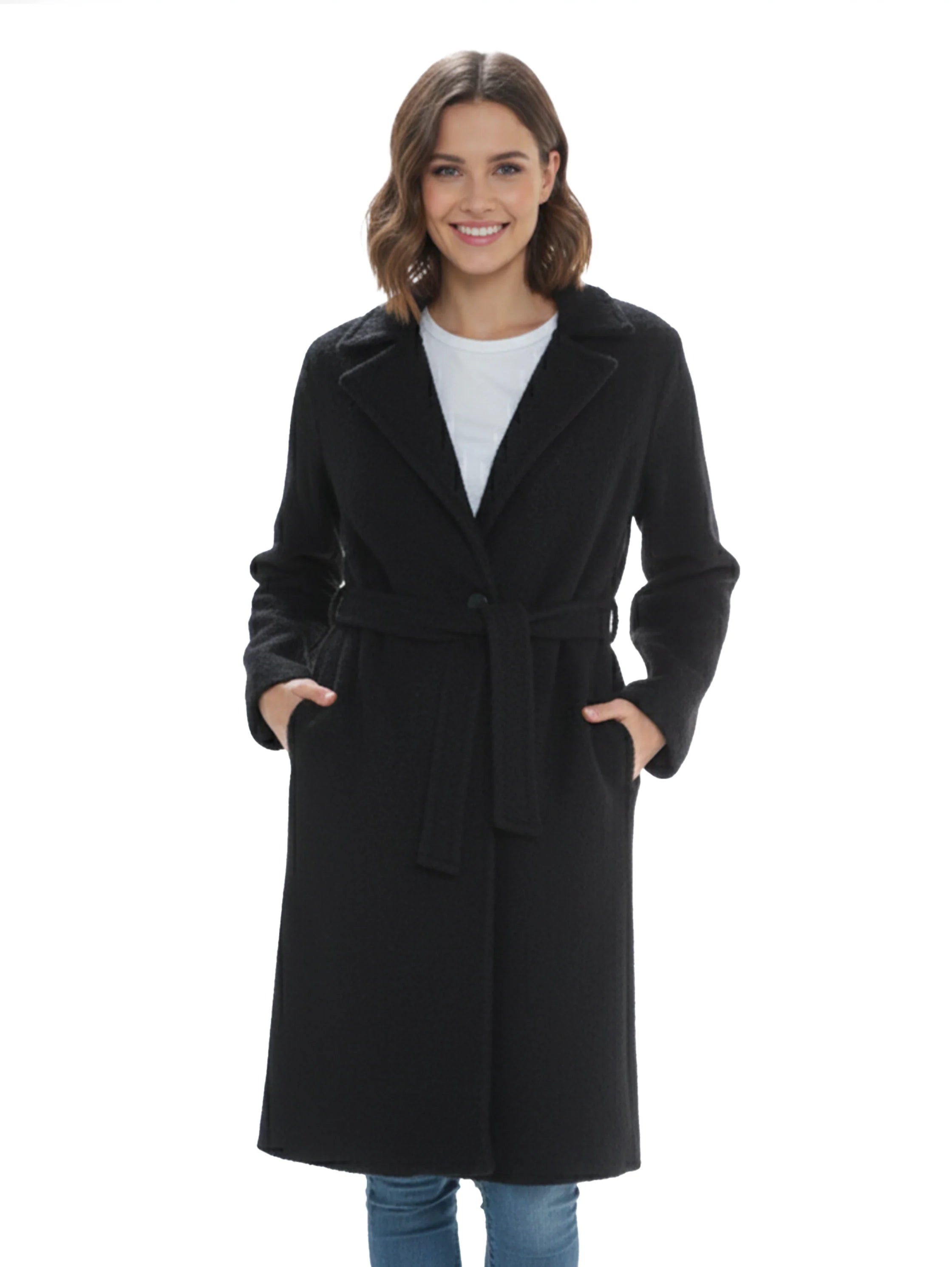 Black Waisted Tie Long Coat