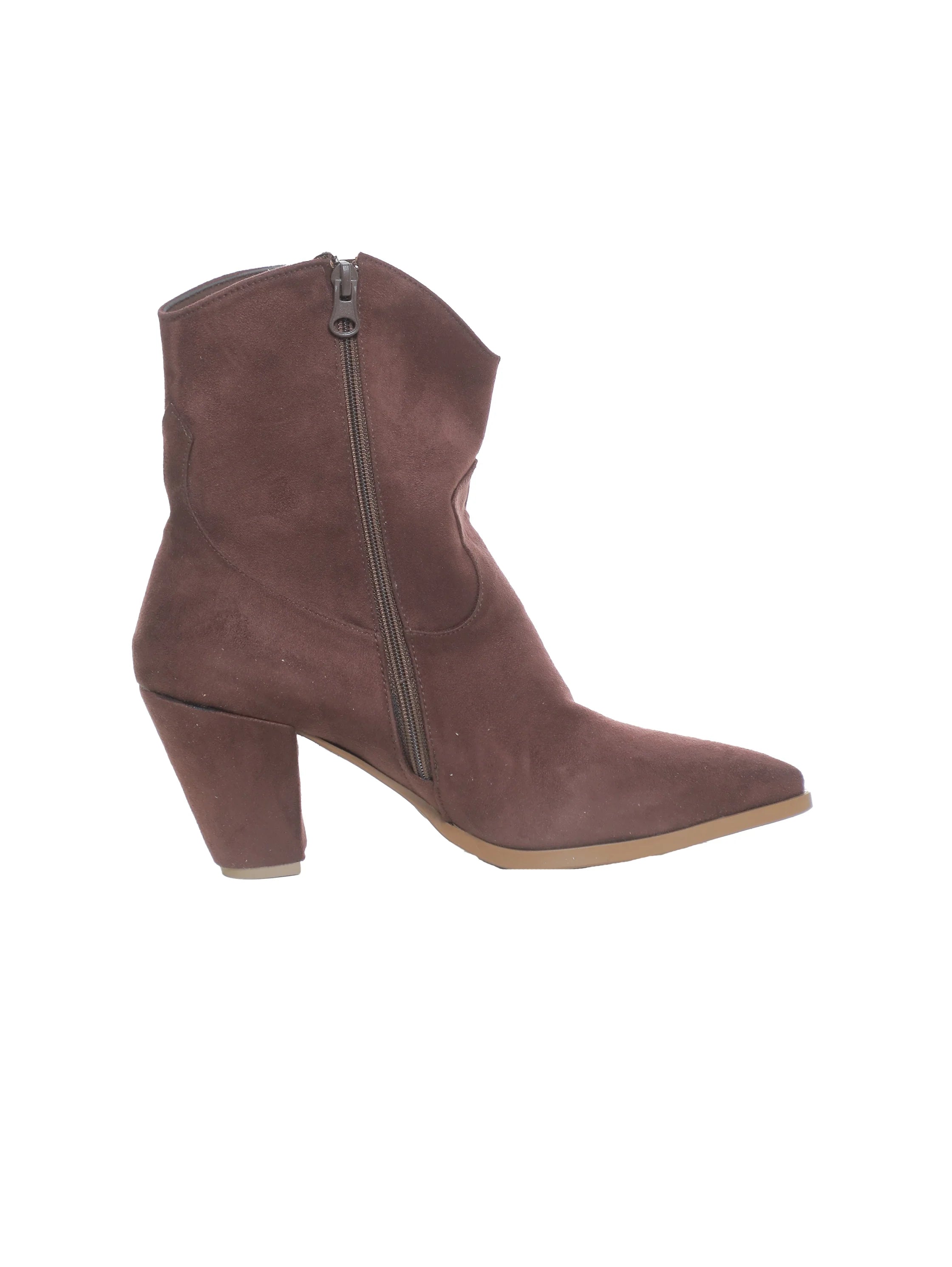 Brown Velvet Ankle Boot with A Mid High Block Heel