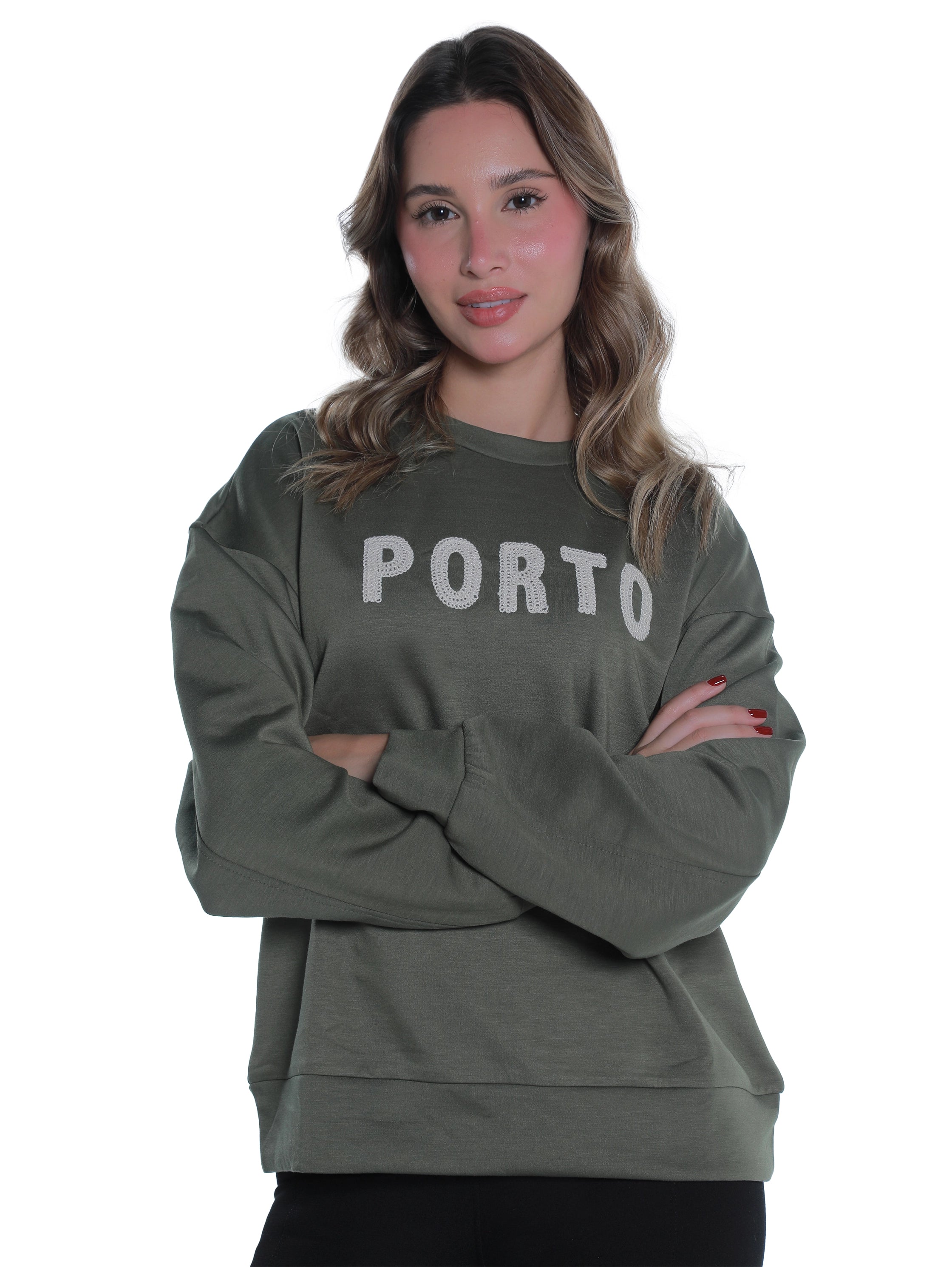 Round Neck Olive Sweater With "Porto" Front Design