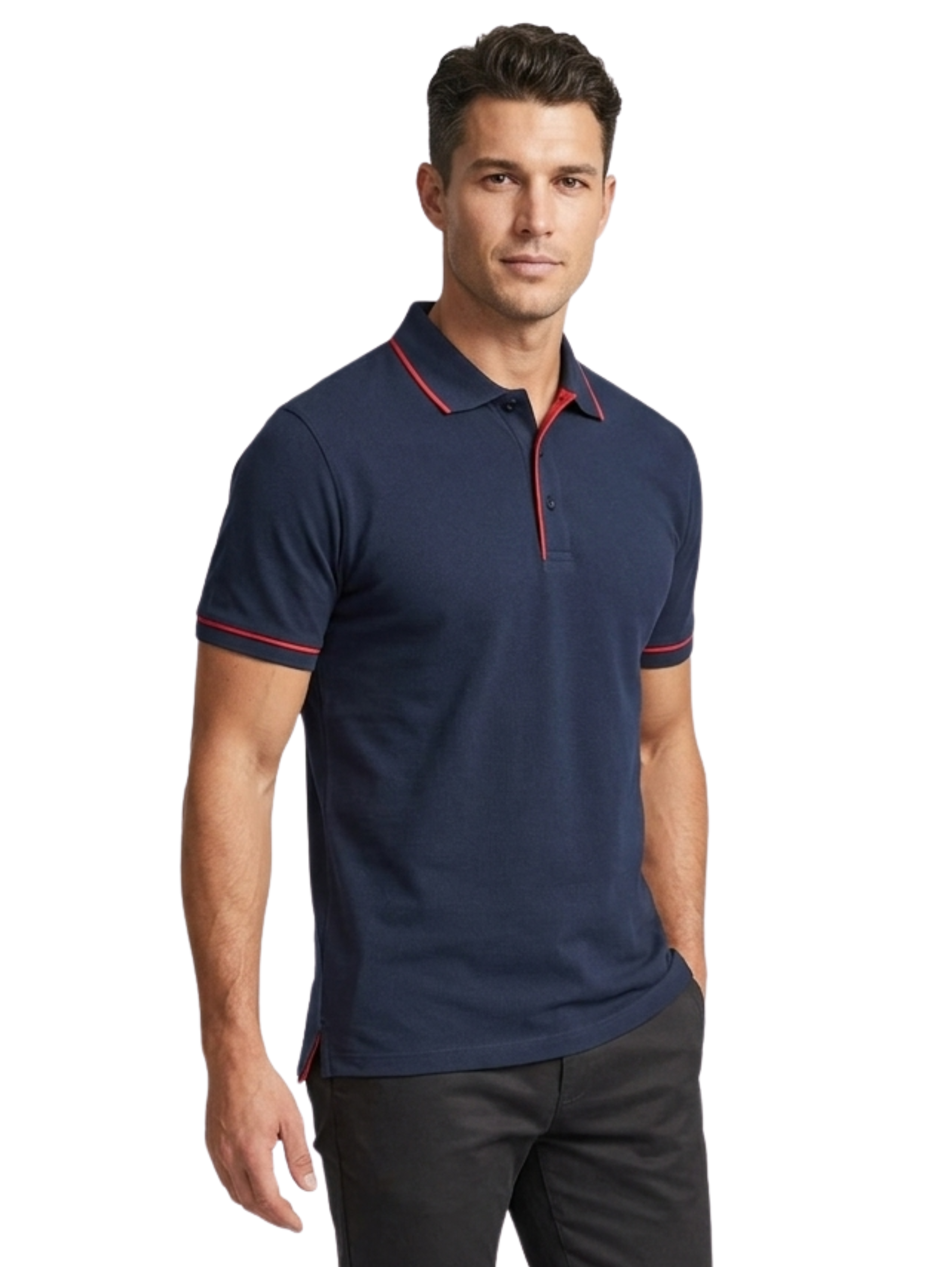 Navy Slim Fit Polo With Striped Red Collar
