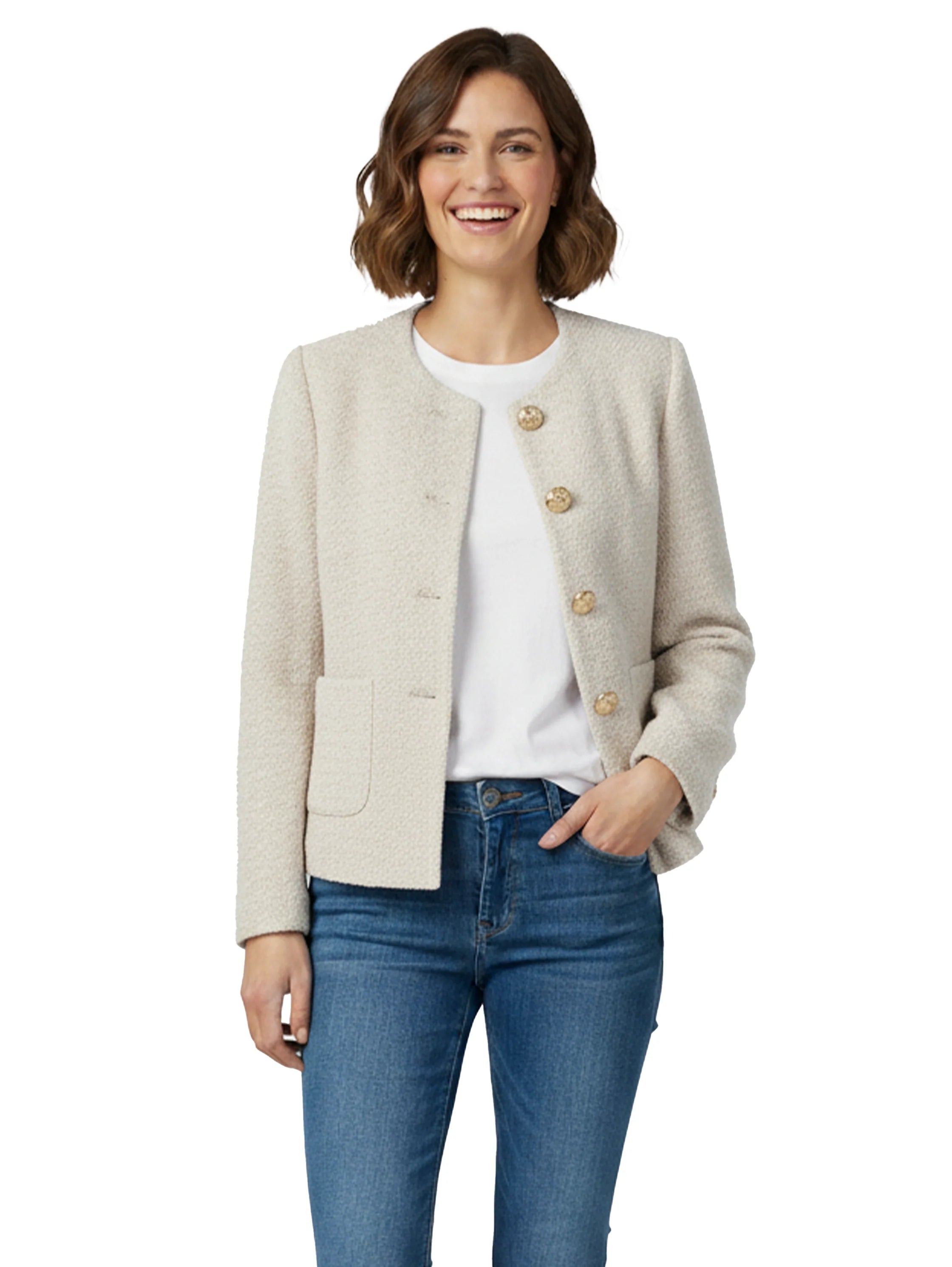 Round Neck Gold Buttoned Beige Blazer