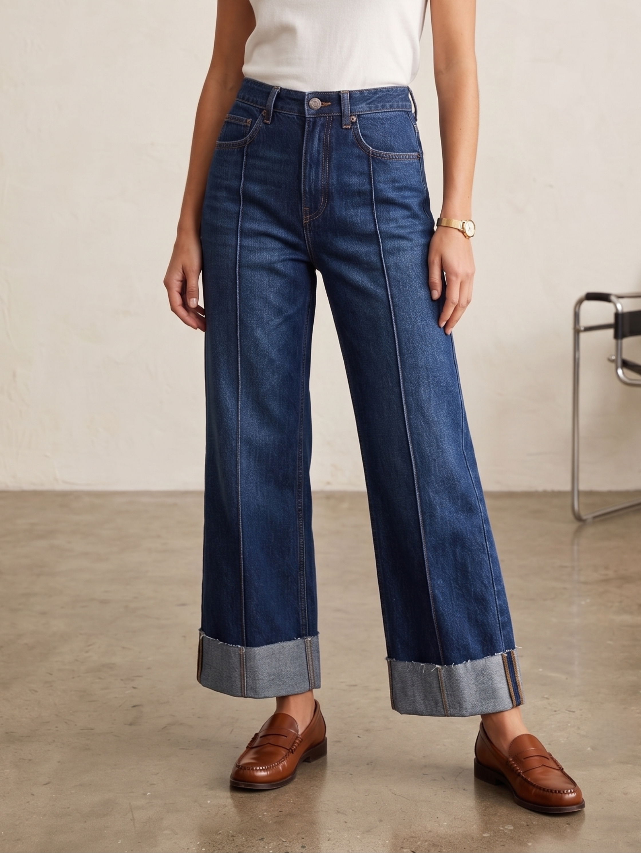Blue High Waisted Wide Leg Cuffed Jeans With Front Seams