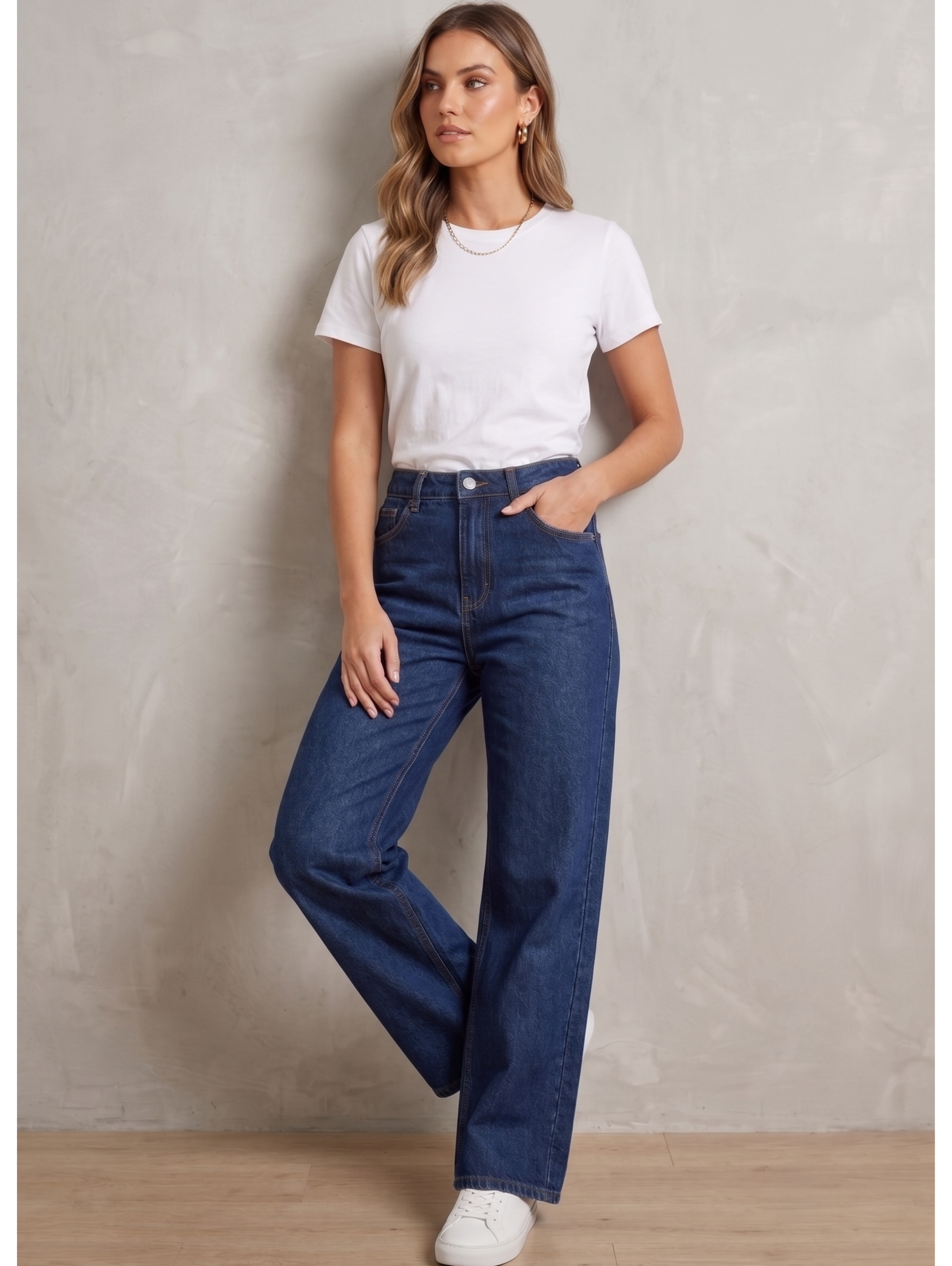 Mid Blue High Waist Straight Leg Denim Jeans