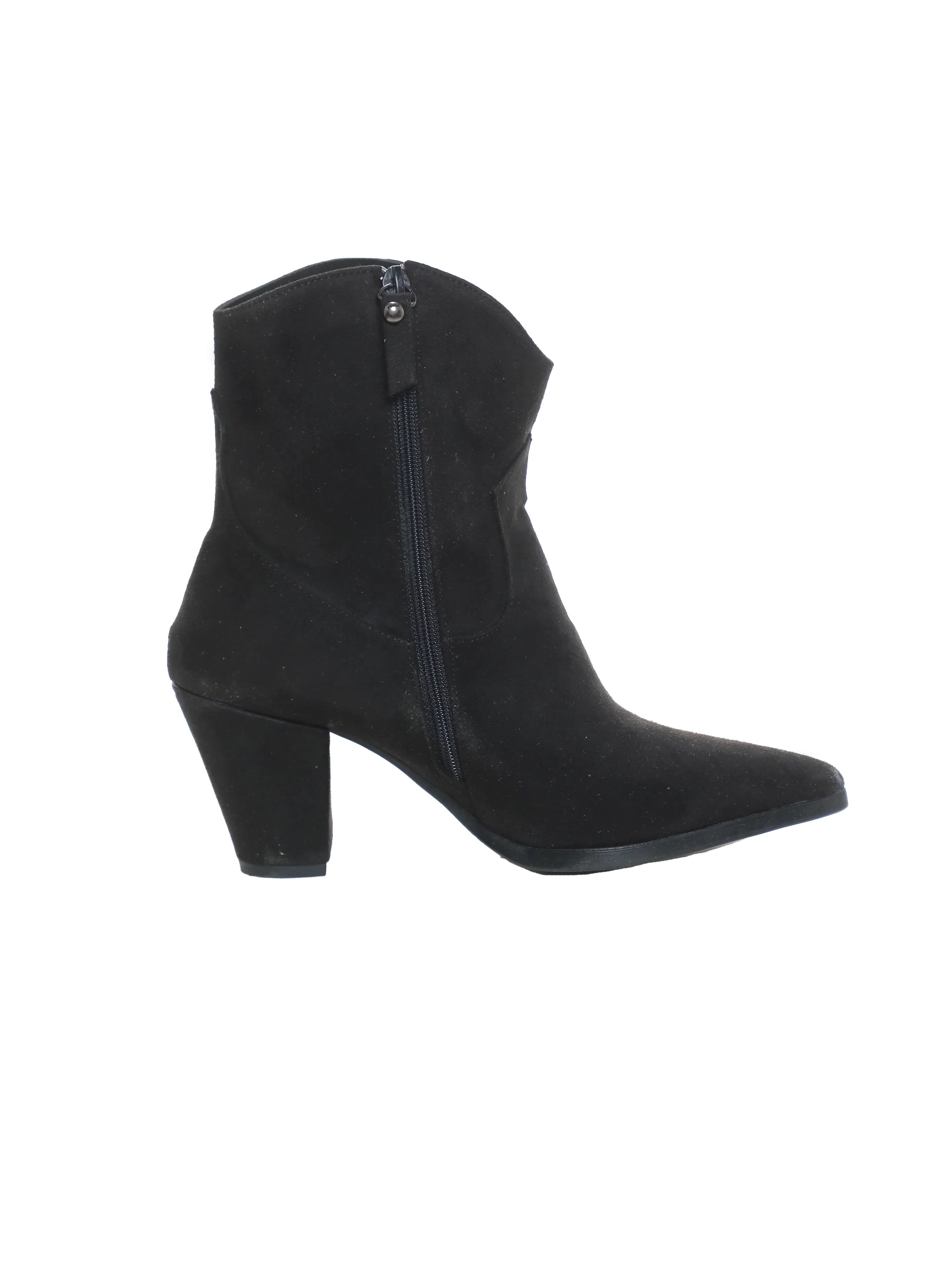Black Velvet Ankle Boot with A Mid High Block Heel
