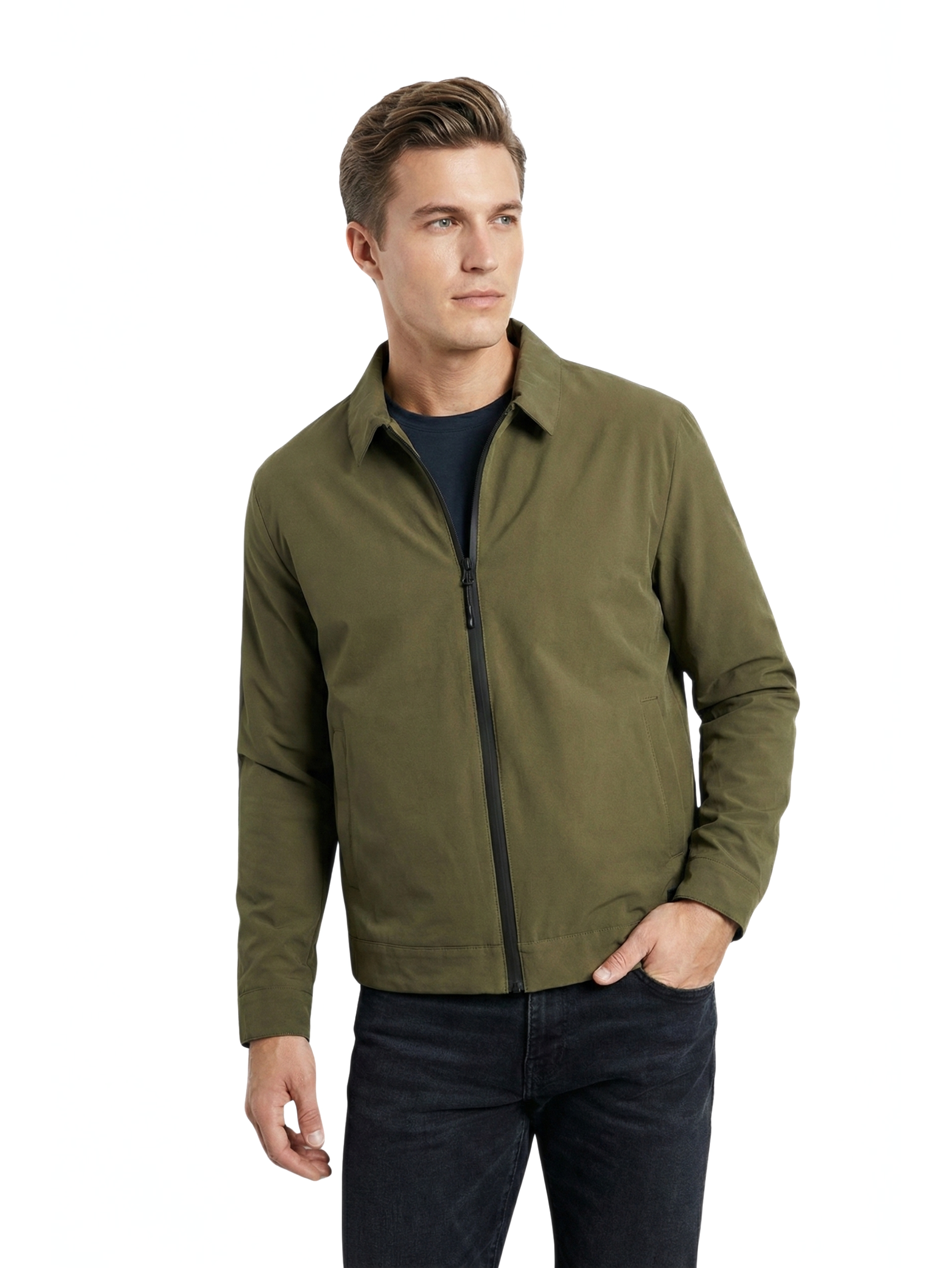 Long Sleeve Olive Zippered Jacket With Collar