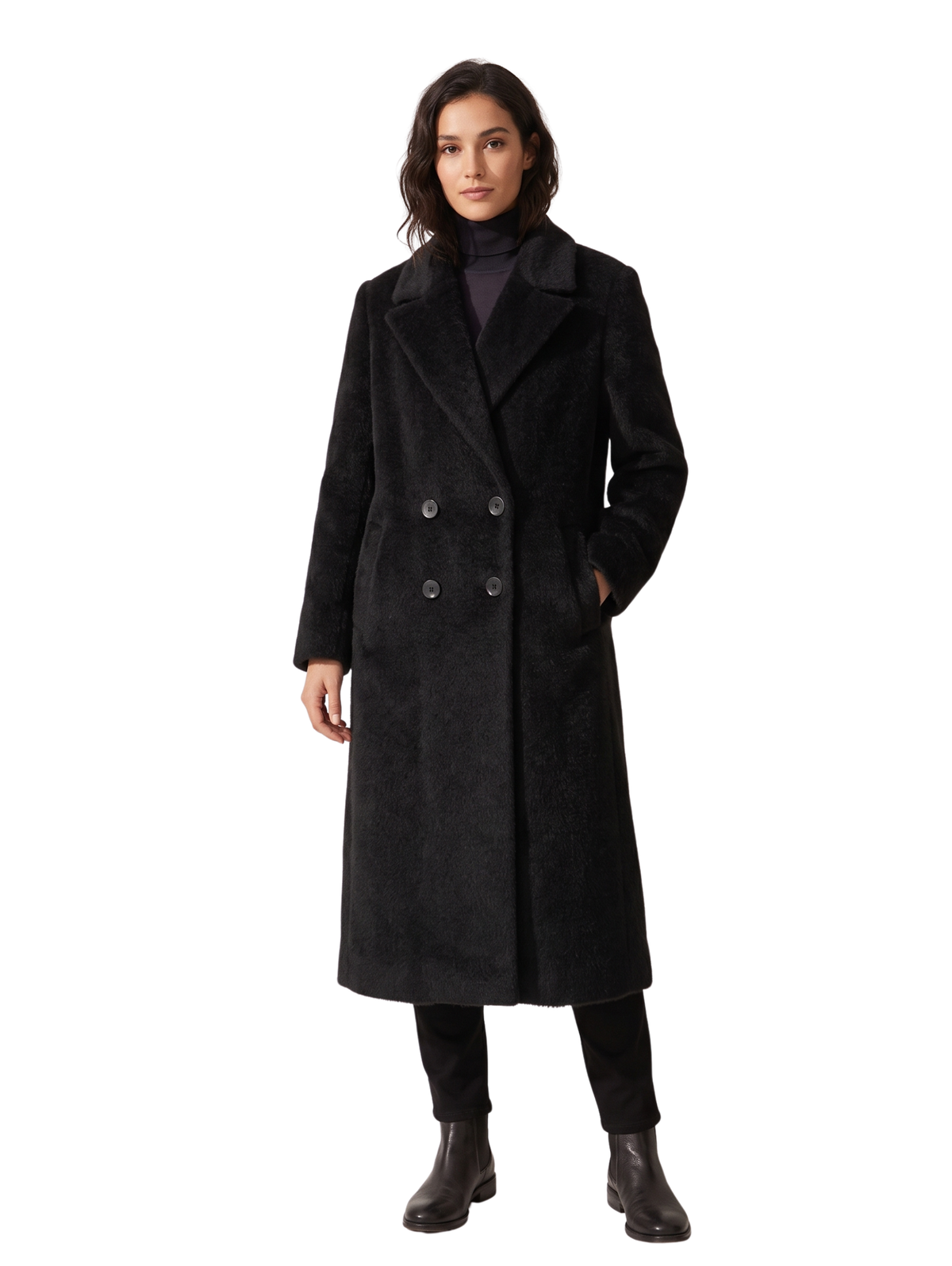 Black Long Double-Breasted Charcoal Coat
