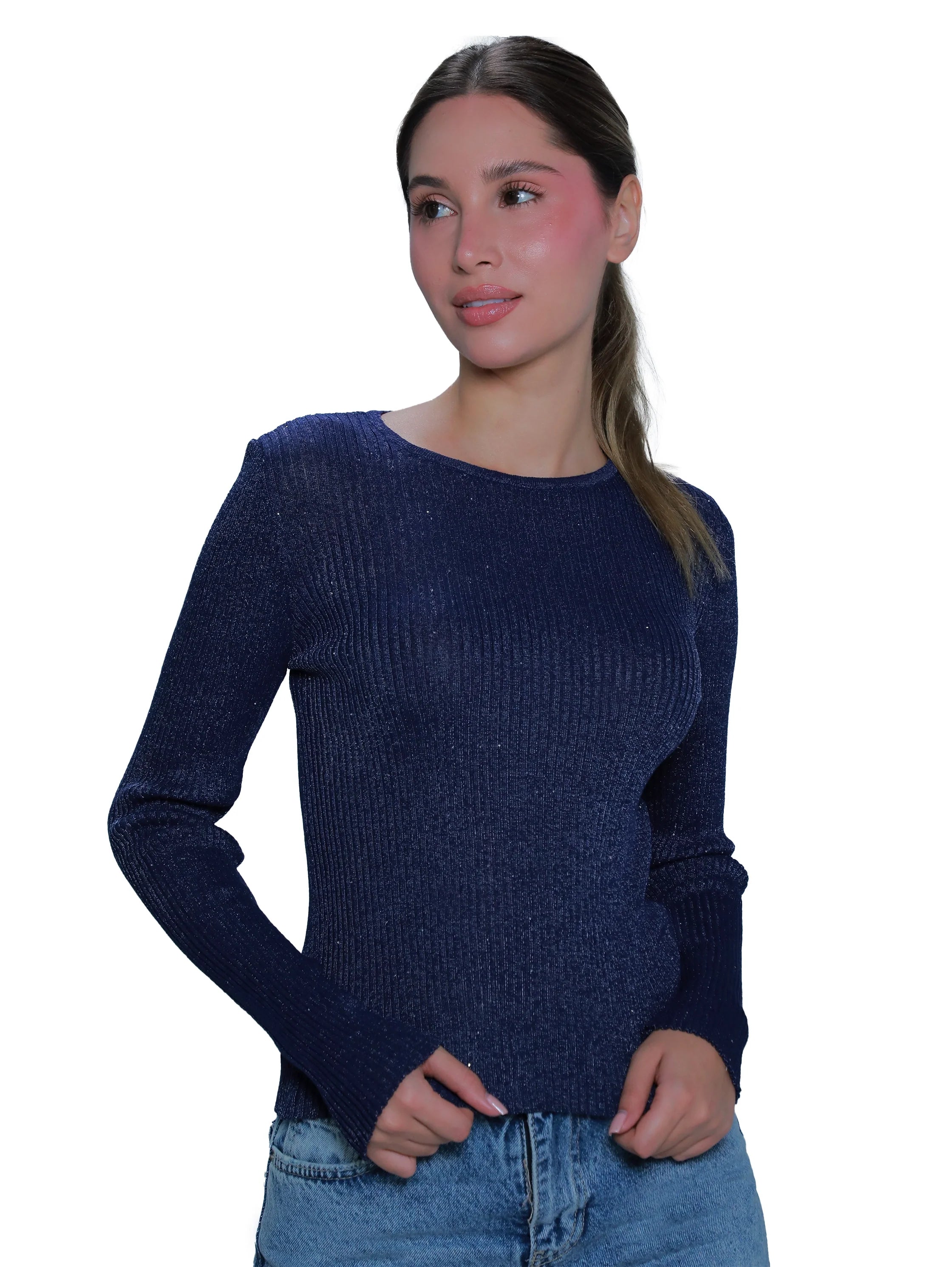 Tight Navy Shinny Round Neck Pullover