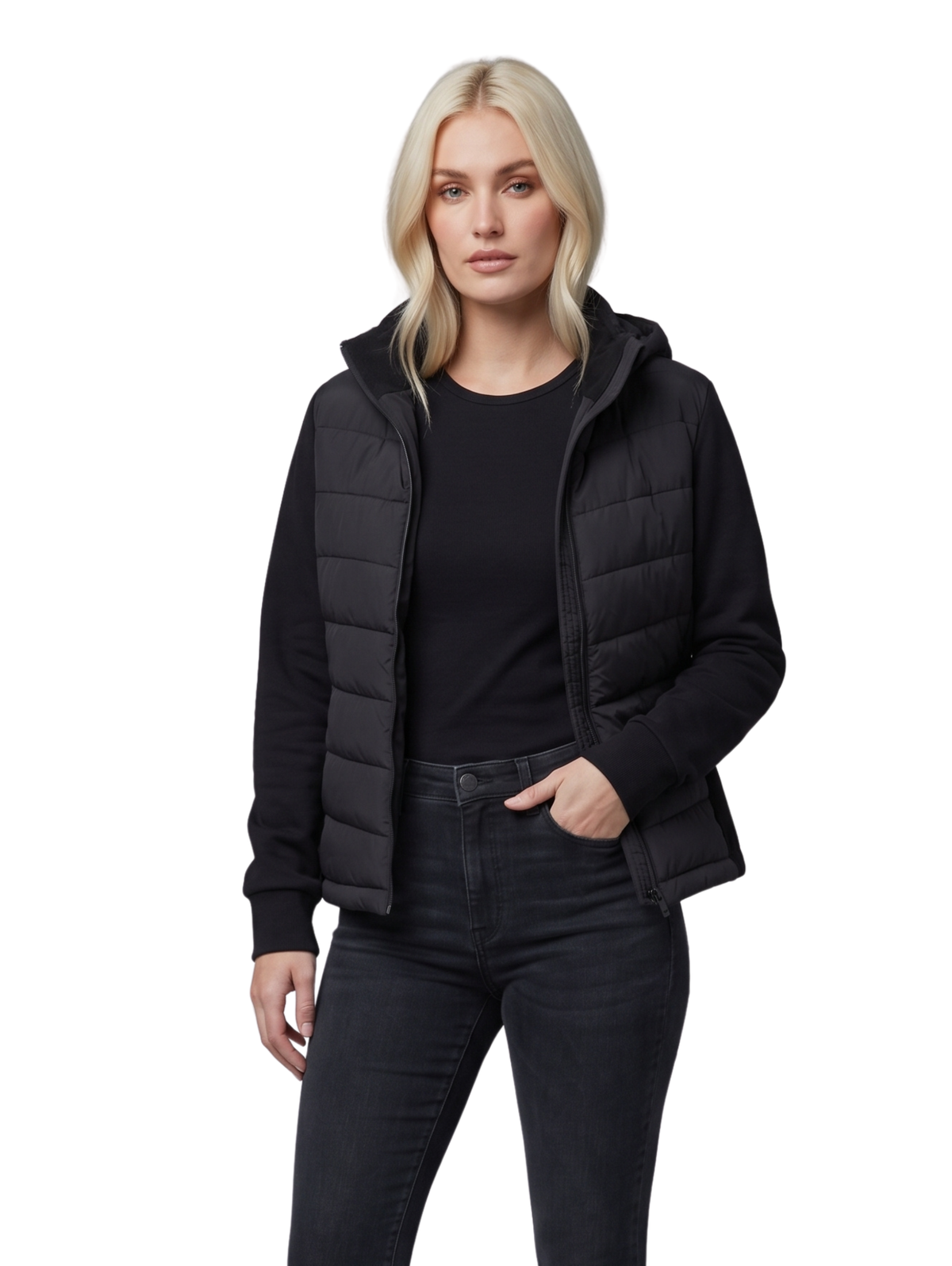Black Hooded Jacket with Quilted Puffer & Softshell Sleeved