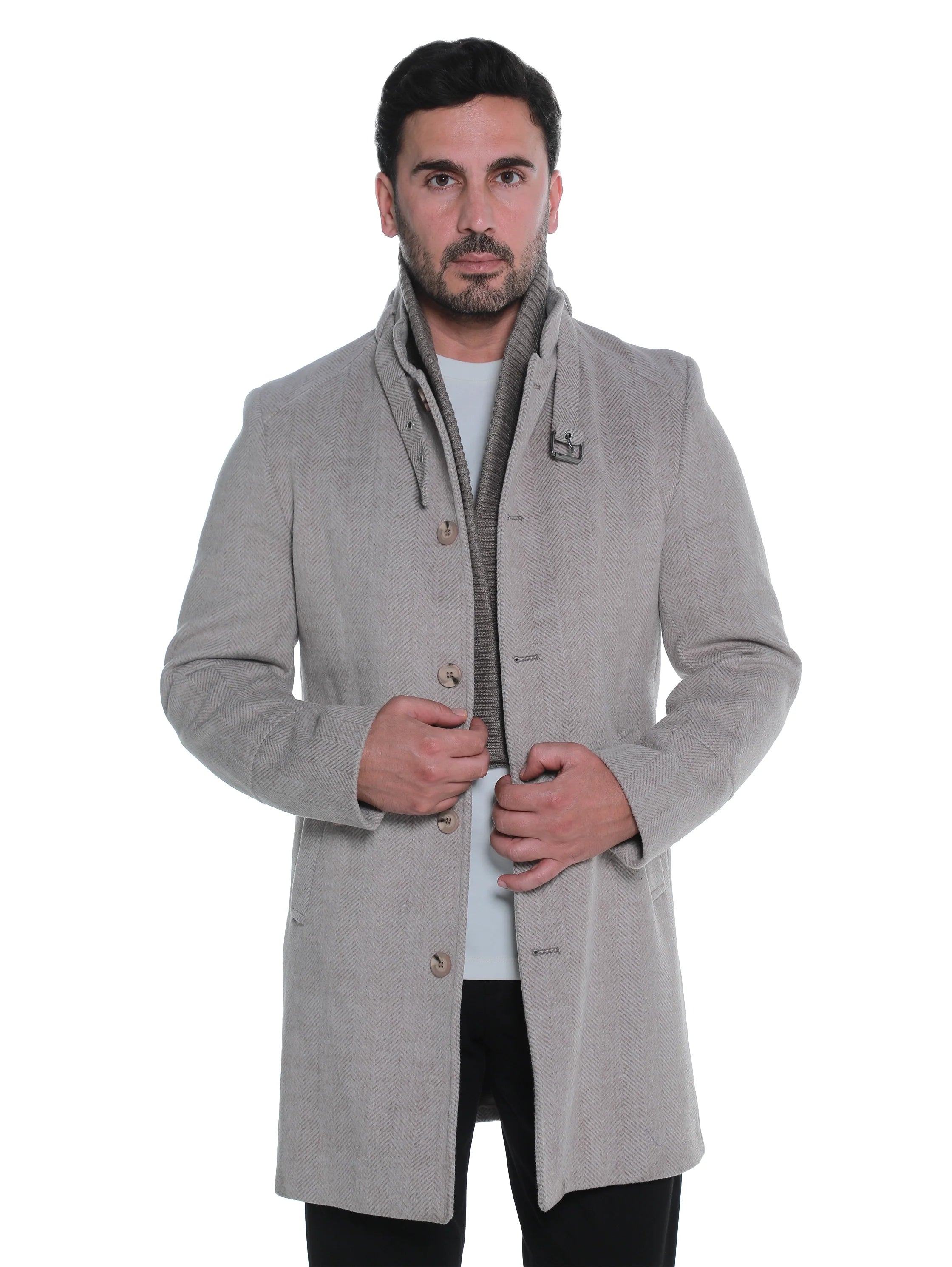 Beige Buttoned Coat With Side Slanted Pockets