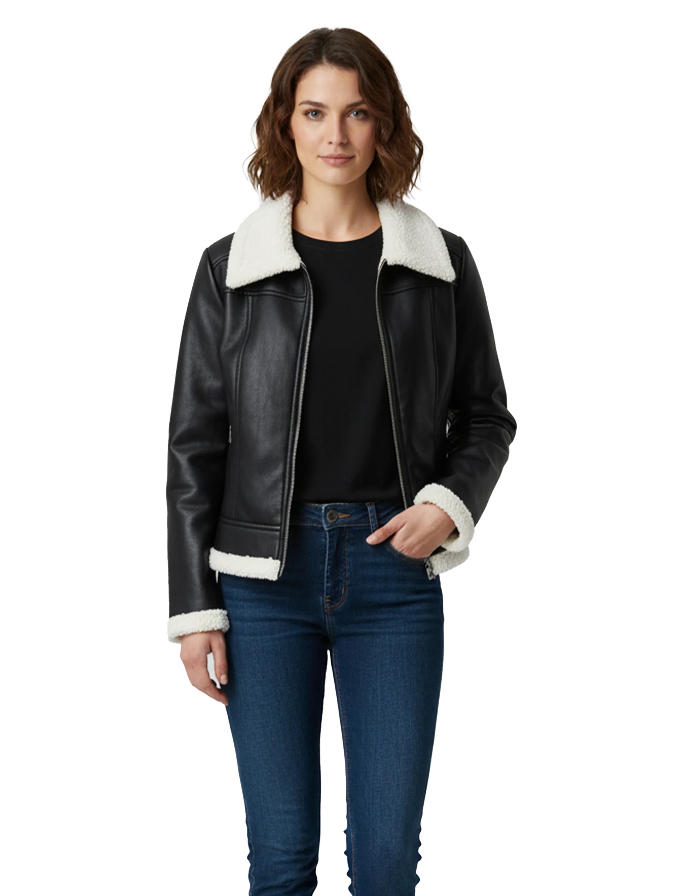 Black Leather Jacket With Fure Design