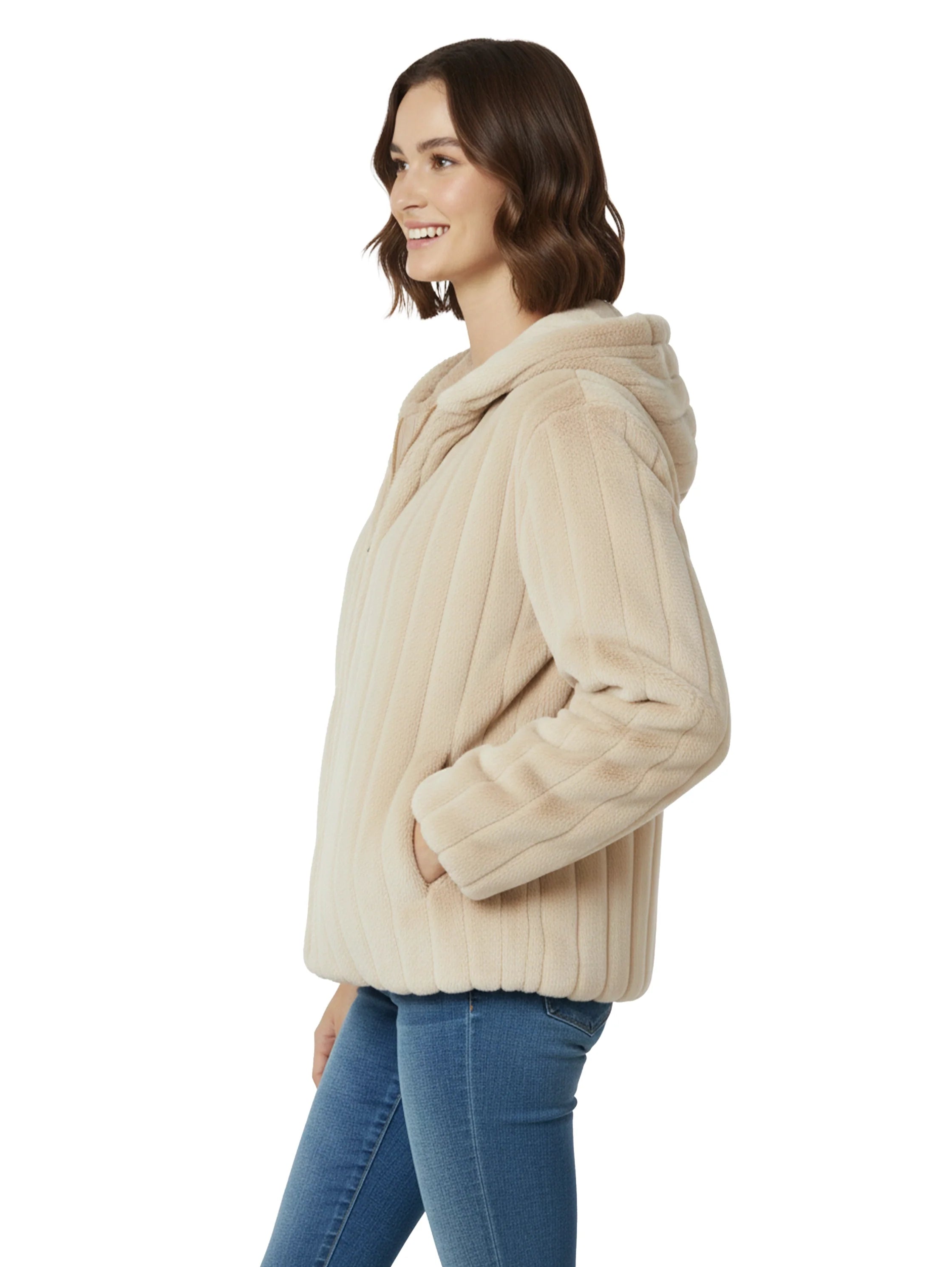 Short Beige Hooded Ribbed Fure Jacket