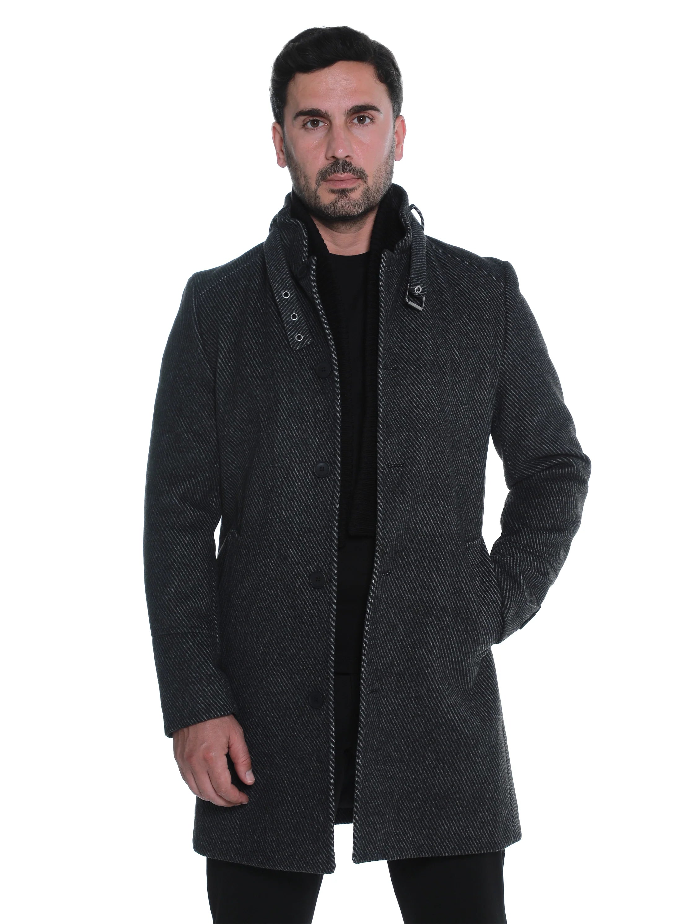 Black Buttoned Coat With Side Slanted Pockets