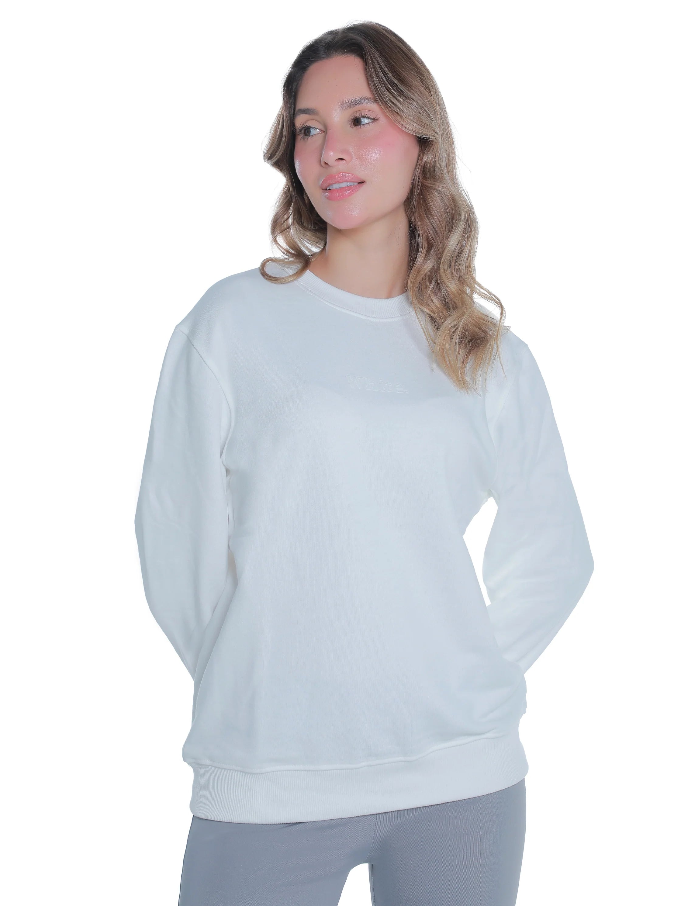 White Cotton Sweater With " White" Front Design