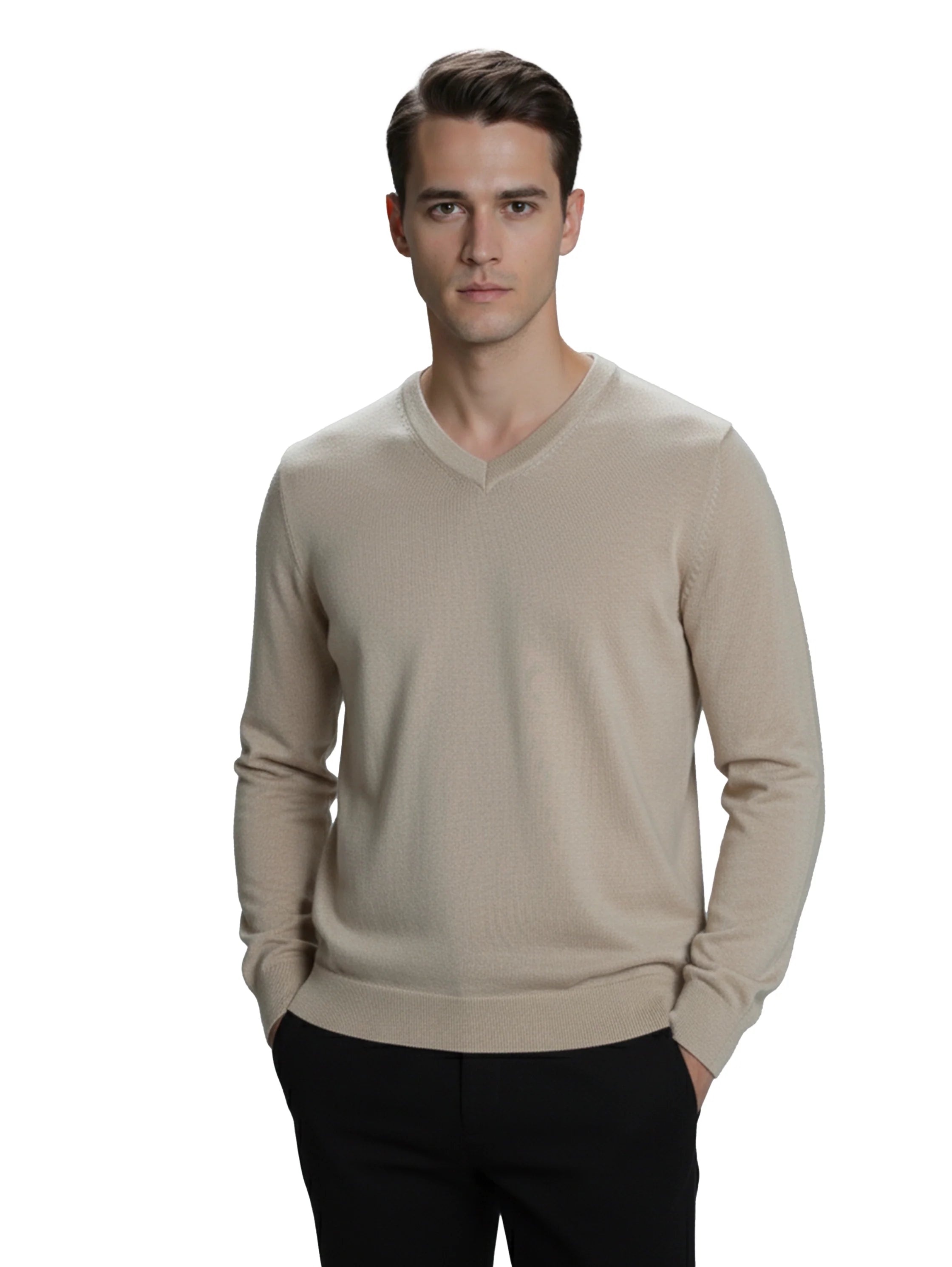 Beige V-Neck Long Sleeved Knitwear Pullover