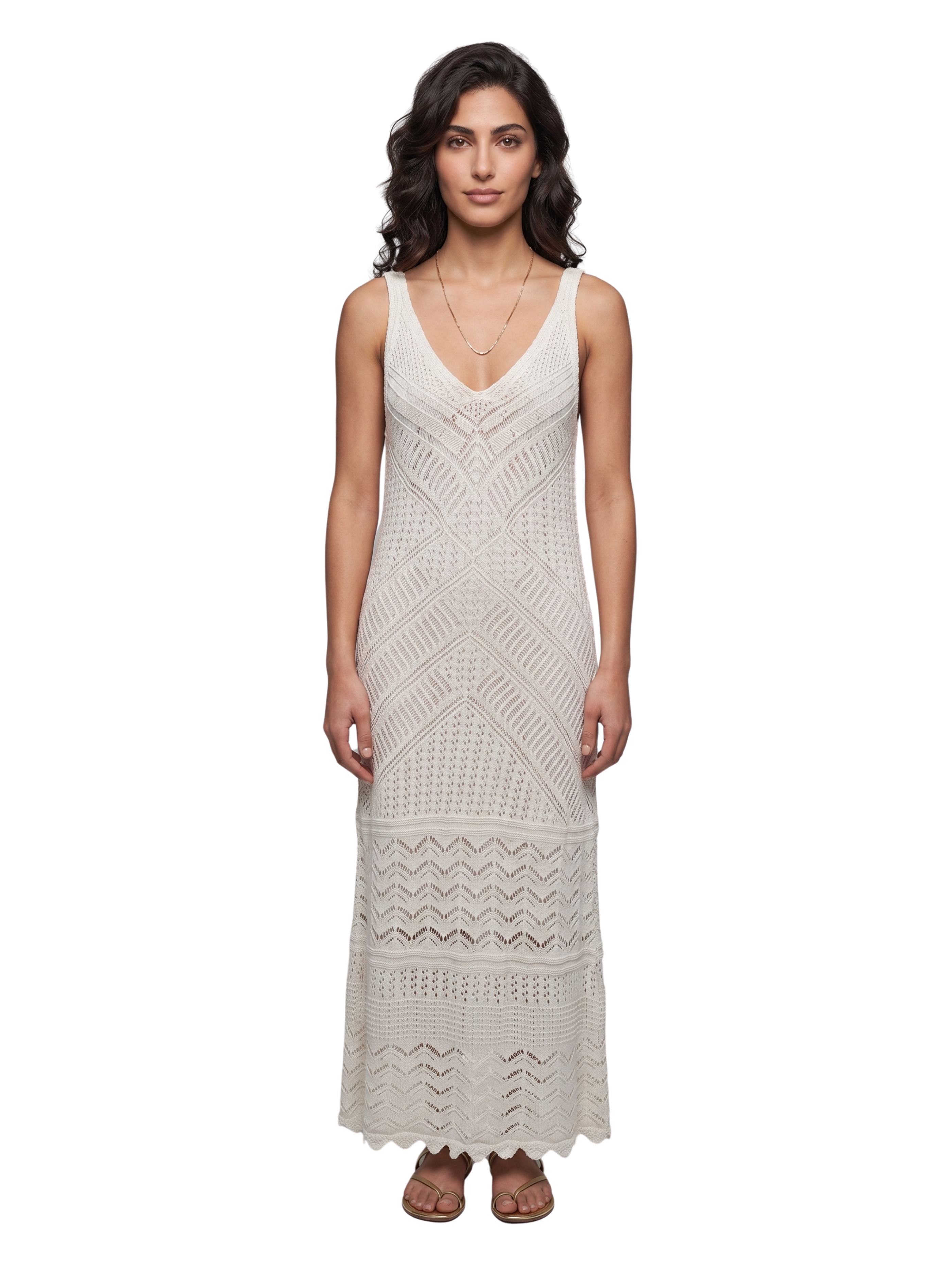 Beige Sleeveless Stitch Pointelle Crochet Dress With V Neckline