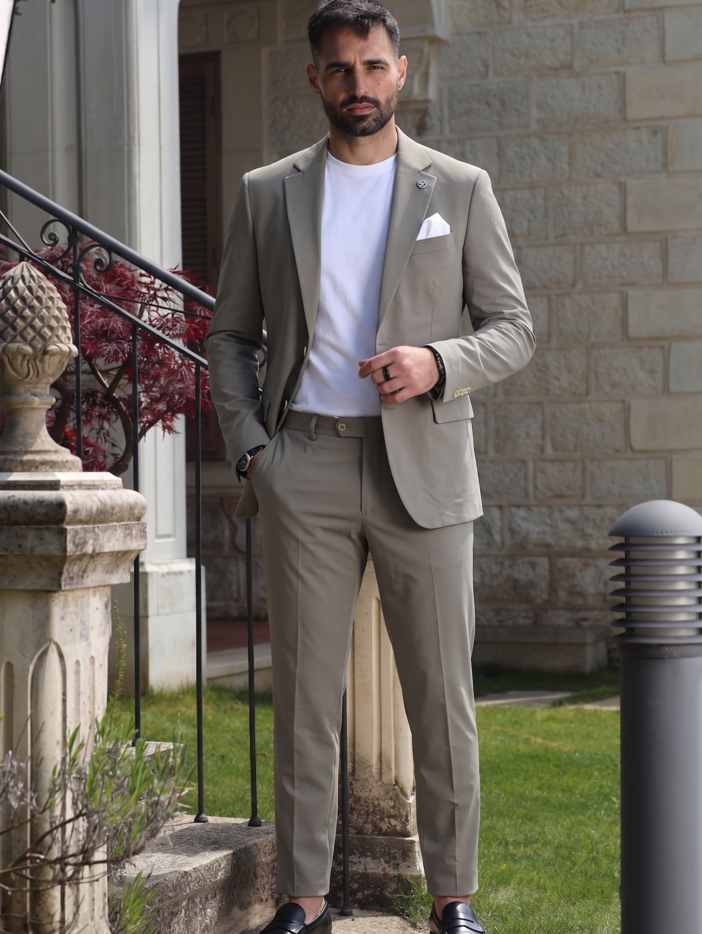 Stone Lycra Slim Fit Formal Suit