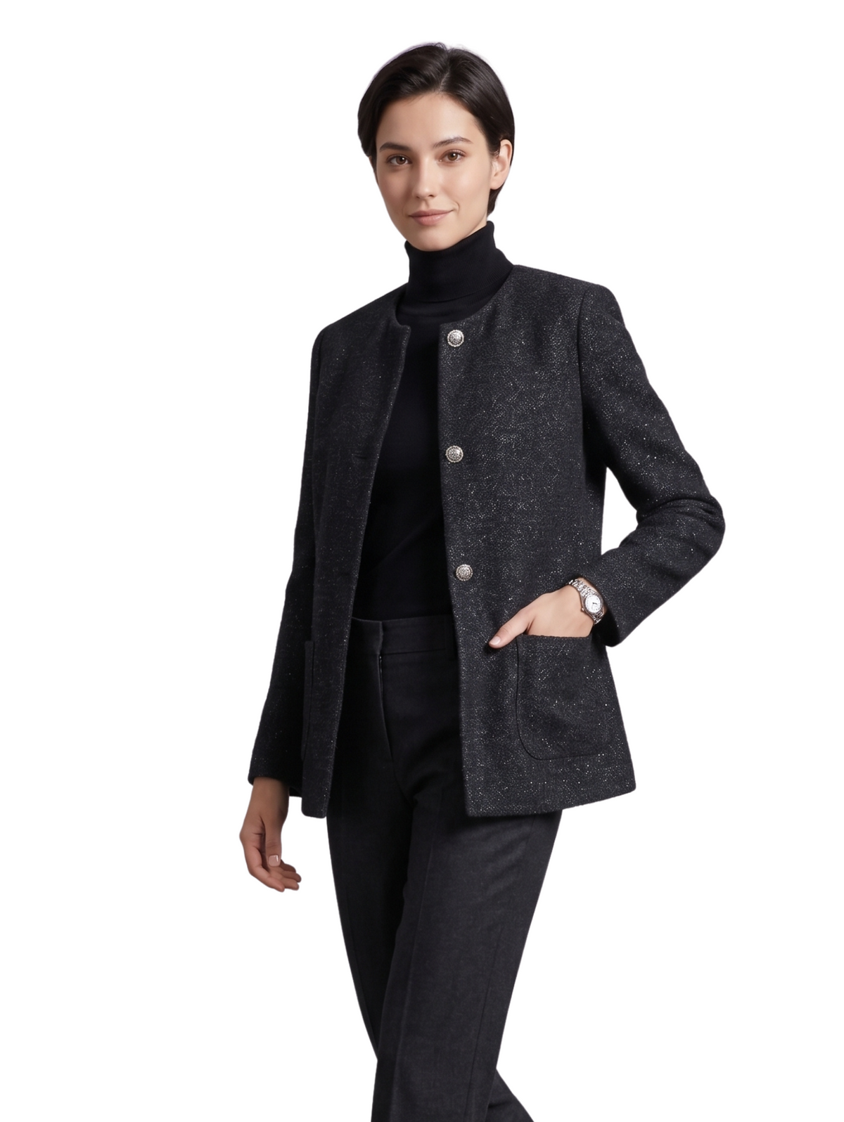 Black Elegant Long-Sleeved Blazer with Mandarin Collar