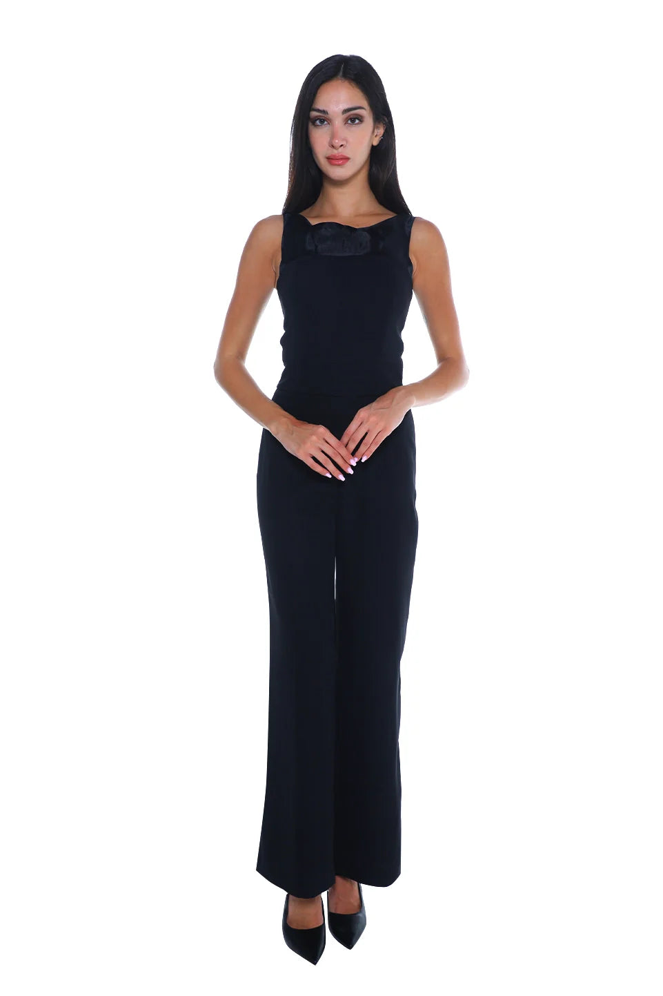 Sleek Black Jumpsuit With Neckline Soft Chiffon