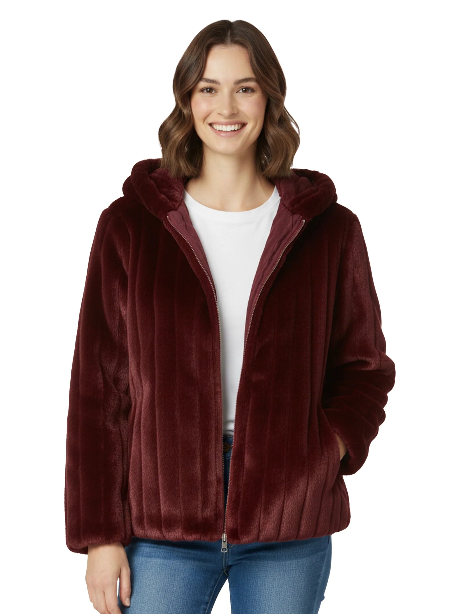 Short Wine Hooded Ribbed Fure Jacket