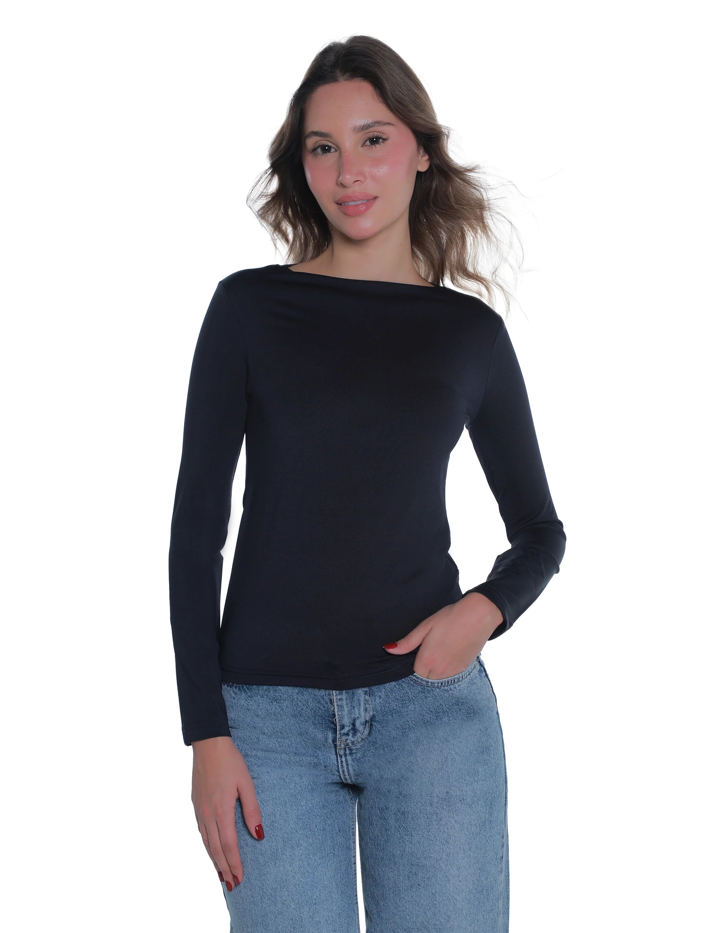 Long Sleeved Navy Basic Top Round Neck