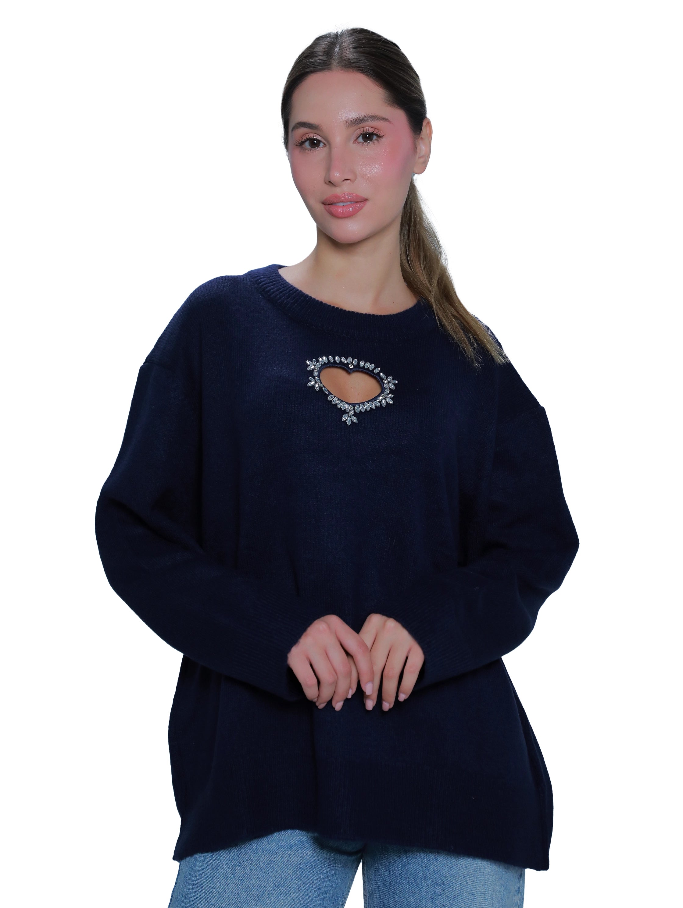 Navy Oversize Pullover With Open Heart Front Design