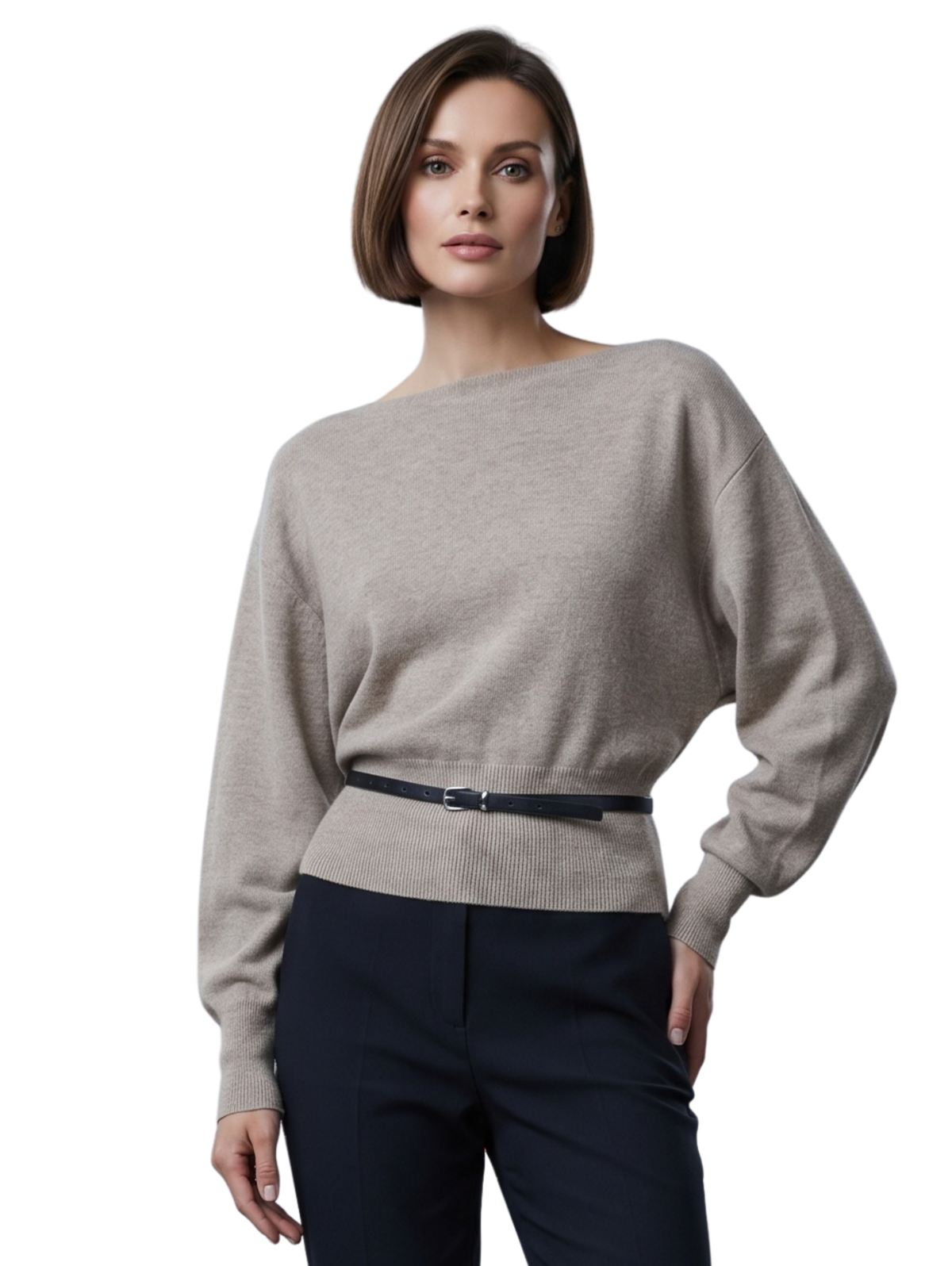 Beige Wide Boat Neckline Pullover