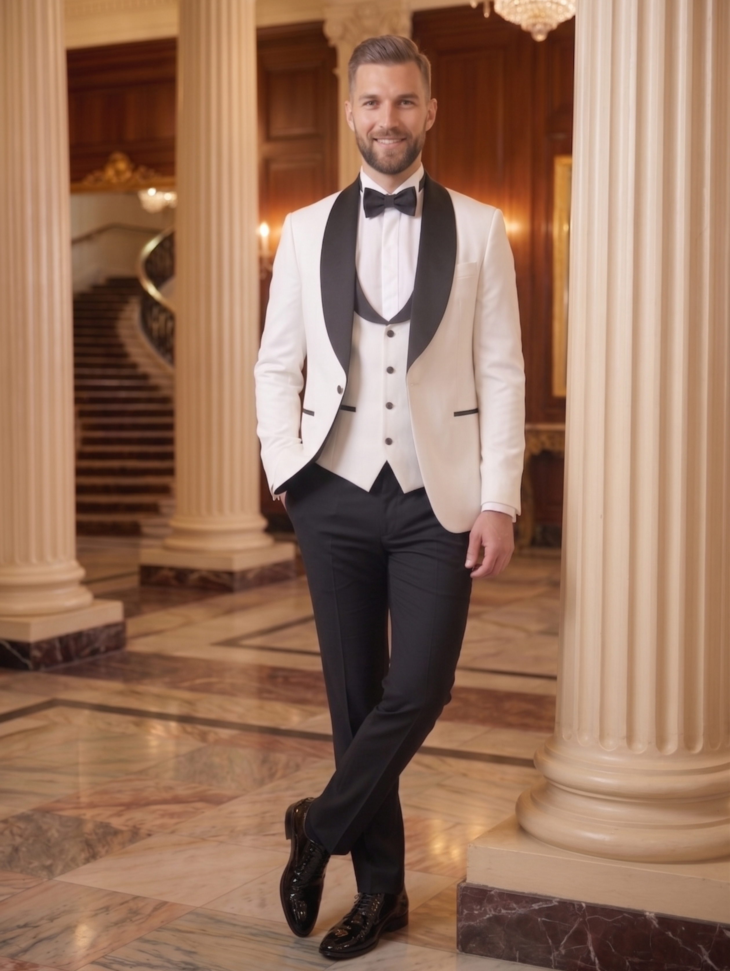Classic White & Black Three Piece Tuxedo Suit