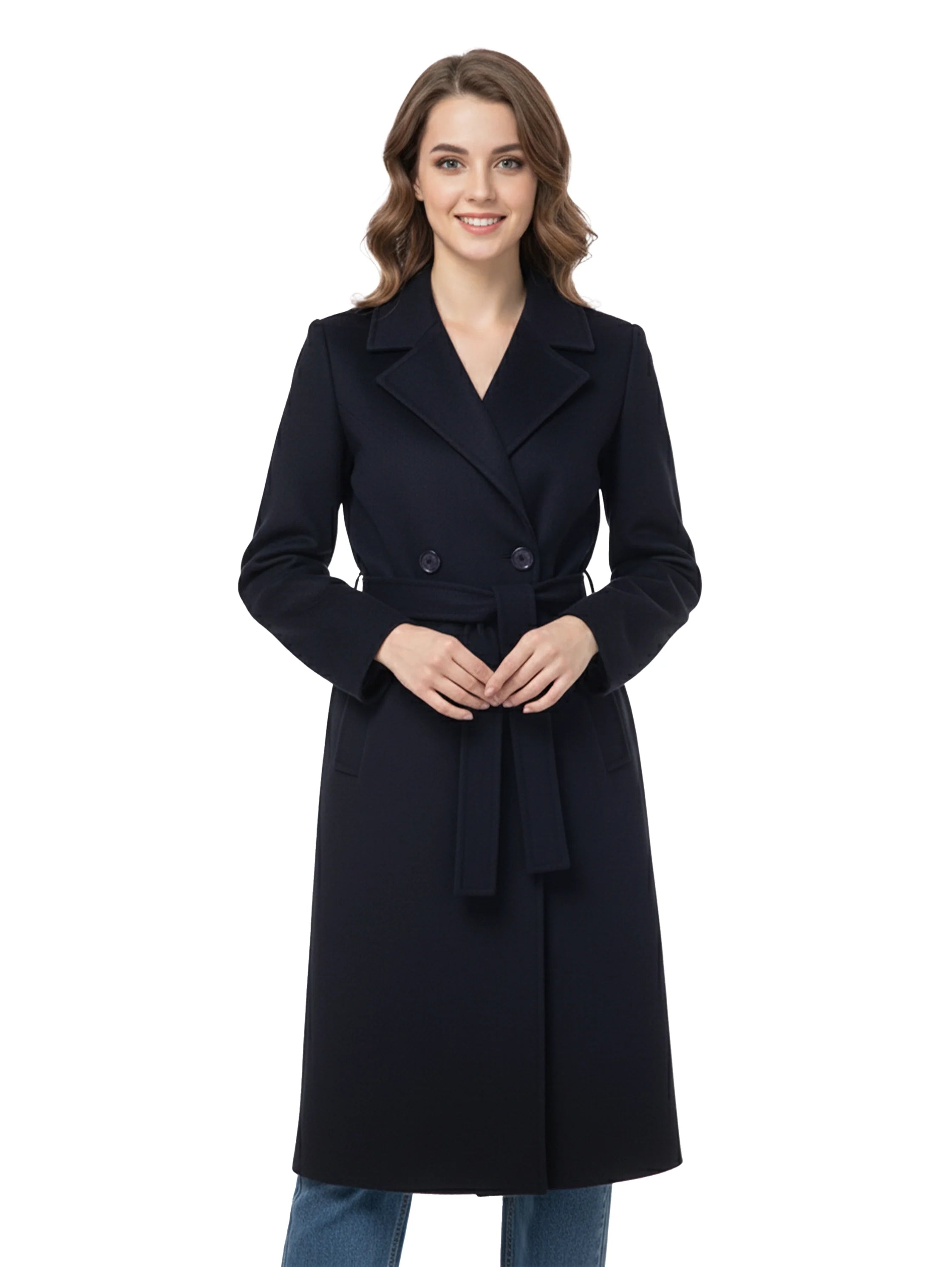Navy Belted Long Coat With Lapel Collar