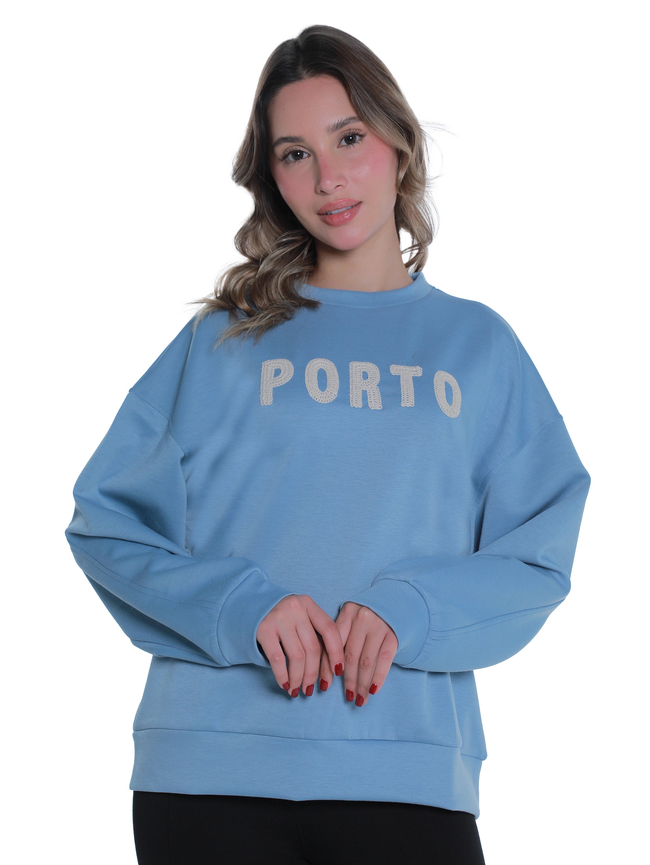 Round Neck Blue Sweater With "Porto" Front Design