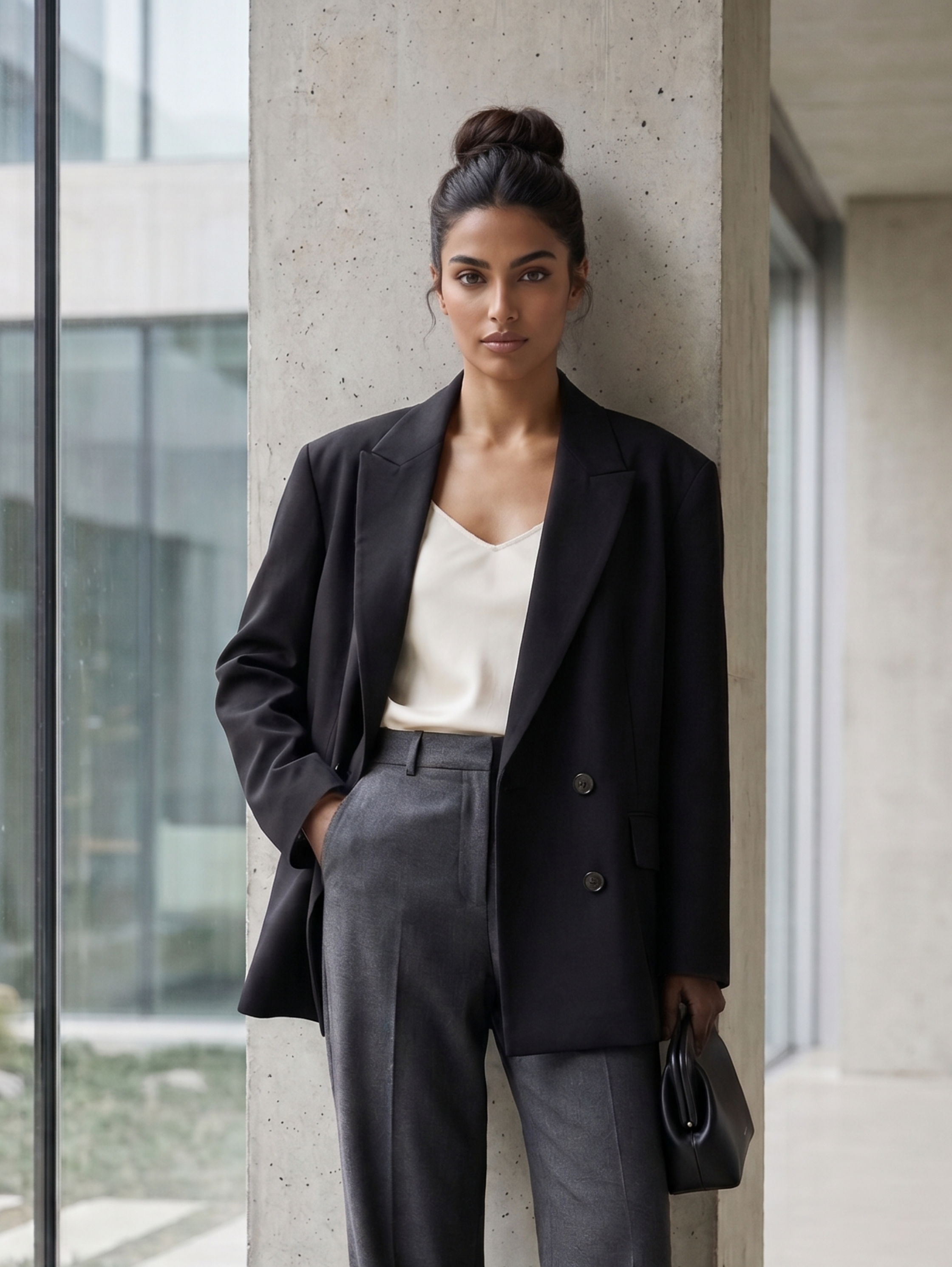 Black Oversized Blazer With Two Front Flap Pockets