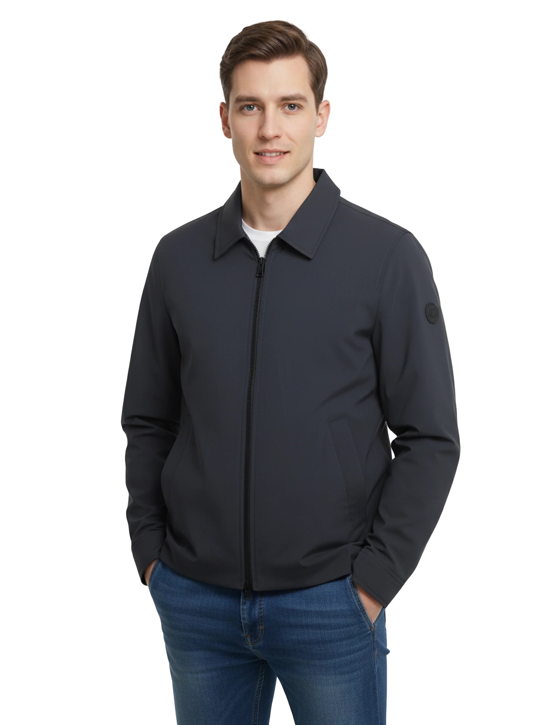 Navy Casual Zippered Jacket With Collar