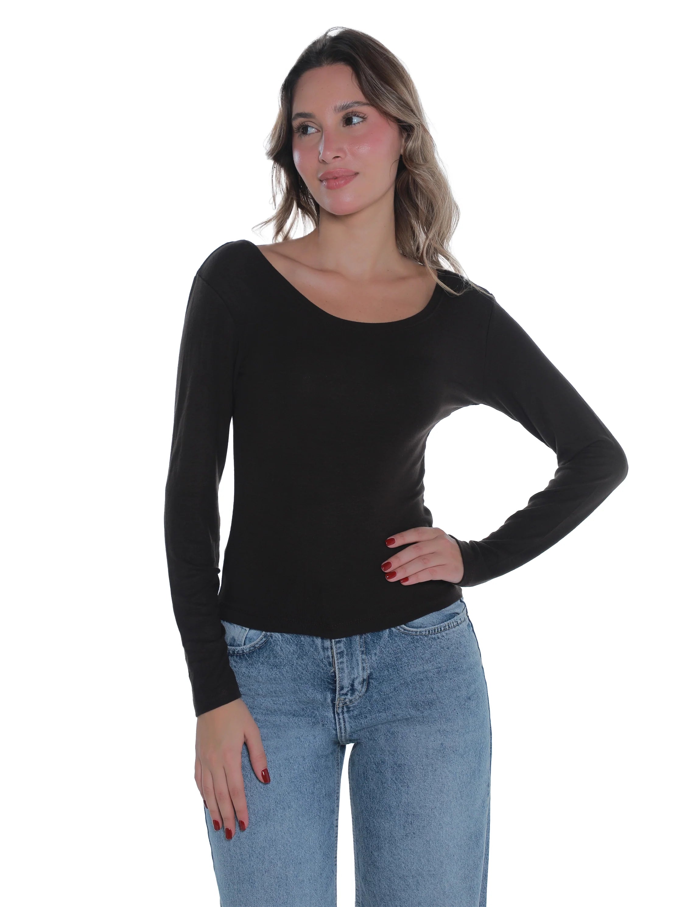 Brown Top With Open Boat Neck