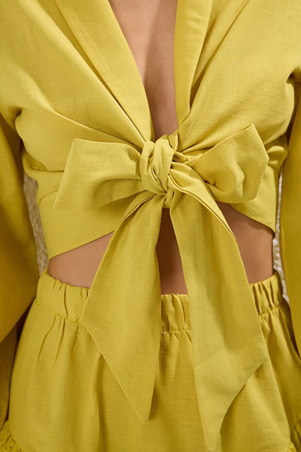 Trendyol Green Crop Tie Flared Cotton Beach Blouse