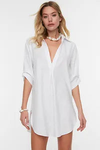 Trendyol White Flared Cotton Mini Beach Dress