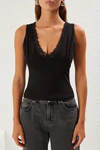Trendyol Fitted Black Blouse With Lace Detail