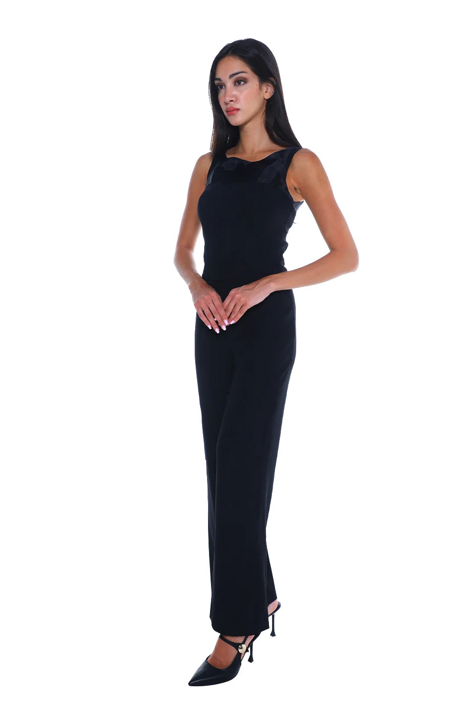 Sleek Black Jumpsuit With Neckline Soft Chiffon
