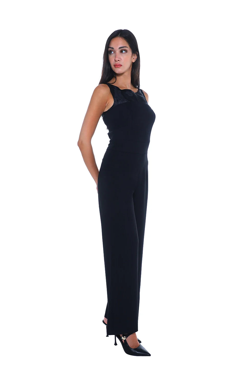 Sleek Black Jumpsuit With Neckline Soft Chiffon