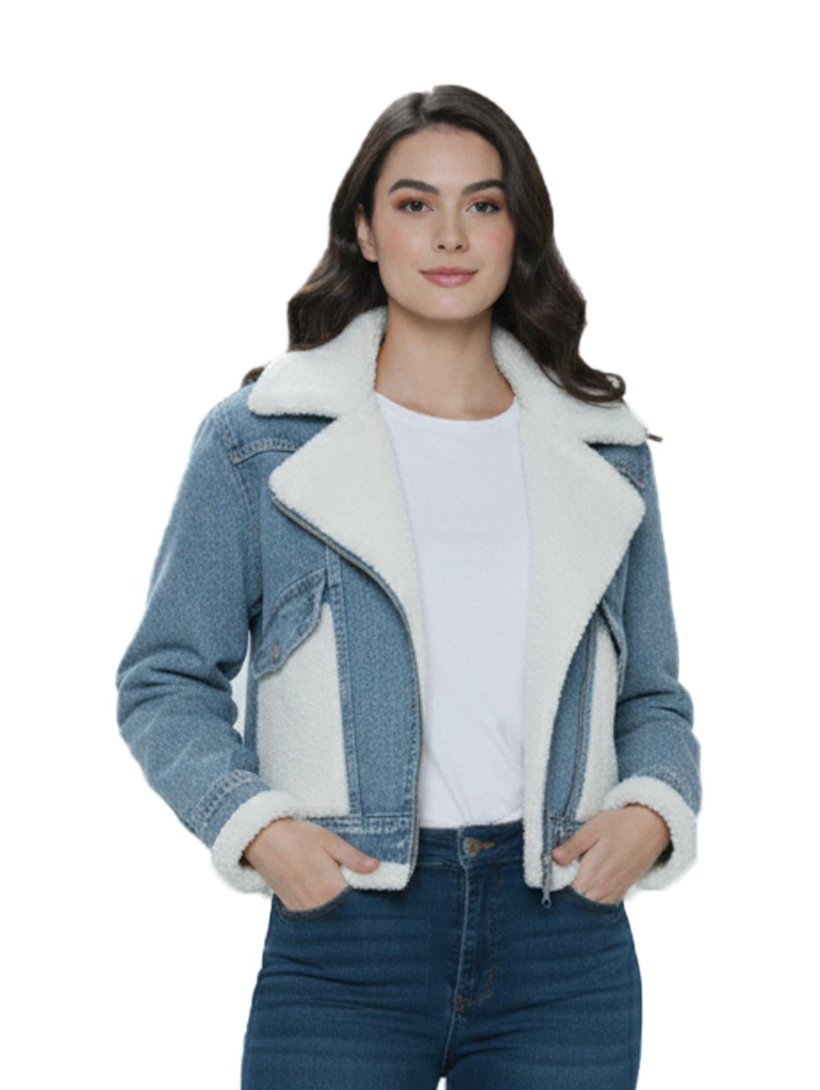 Blue Denim Jacket With white Fure Design