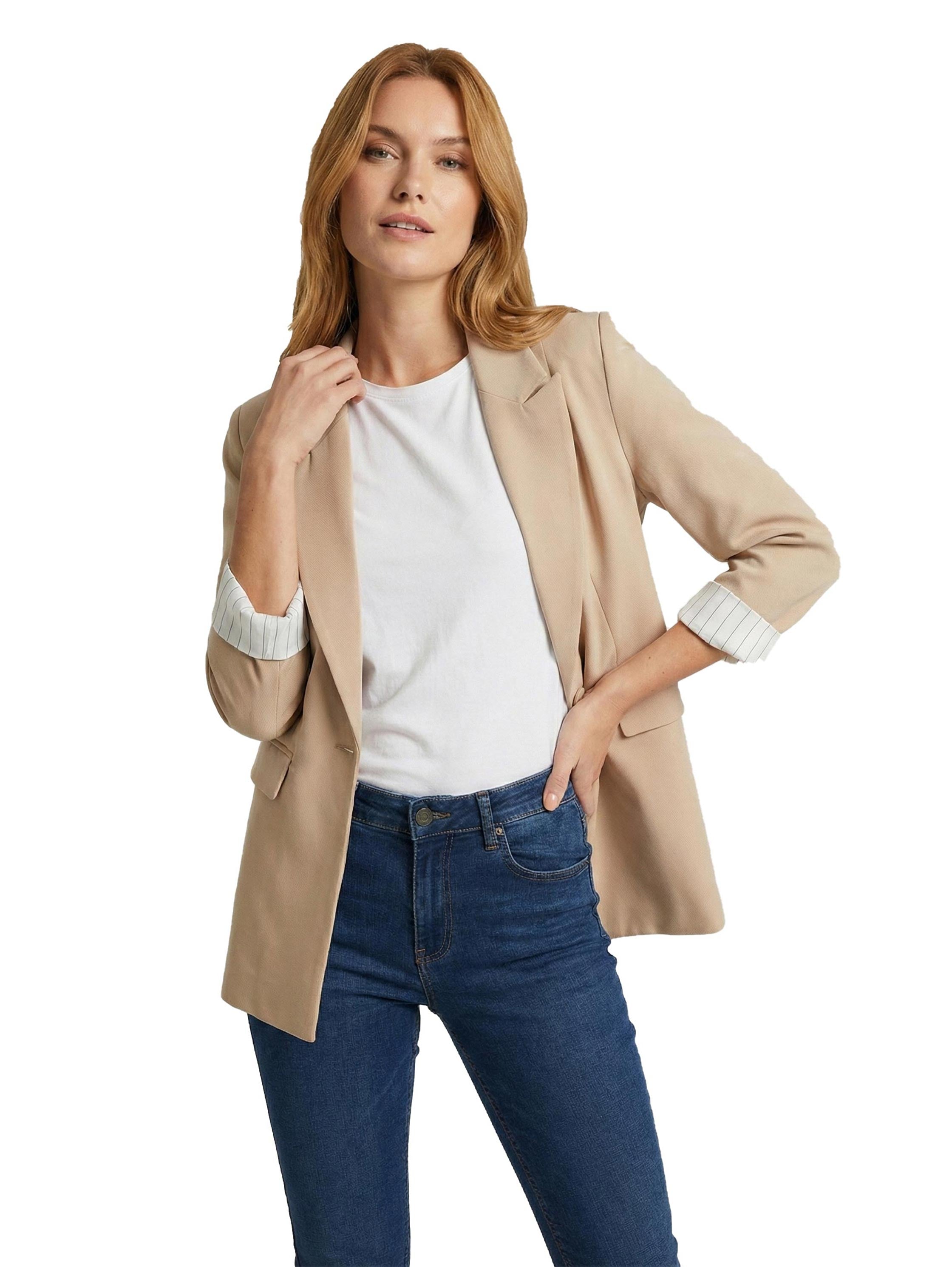 Beige 3/4 Sleeve Blazer With Patch Pockets
