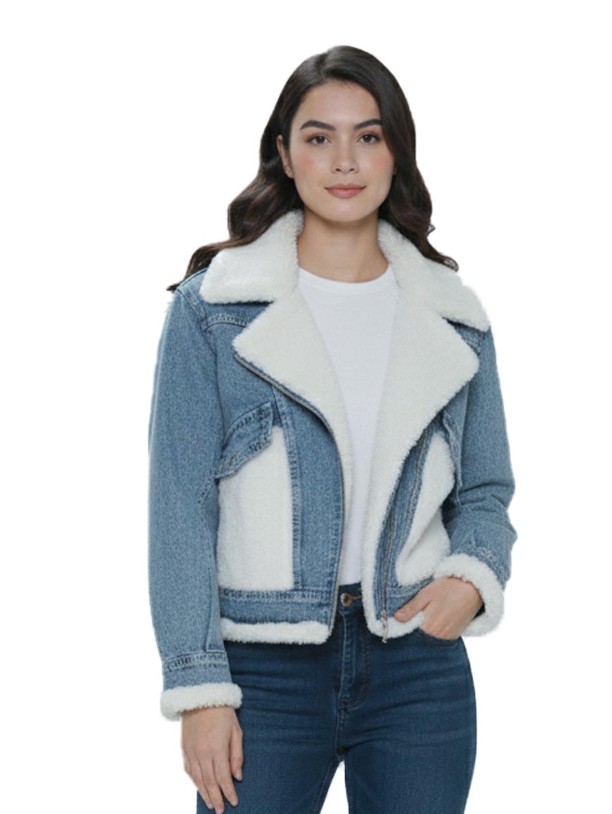 Blue Denim Jacket With white Fure Design