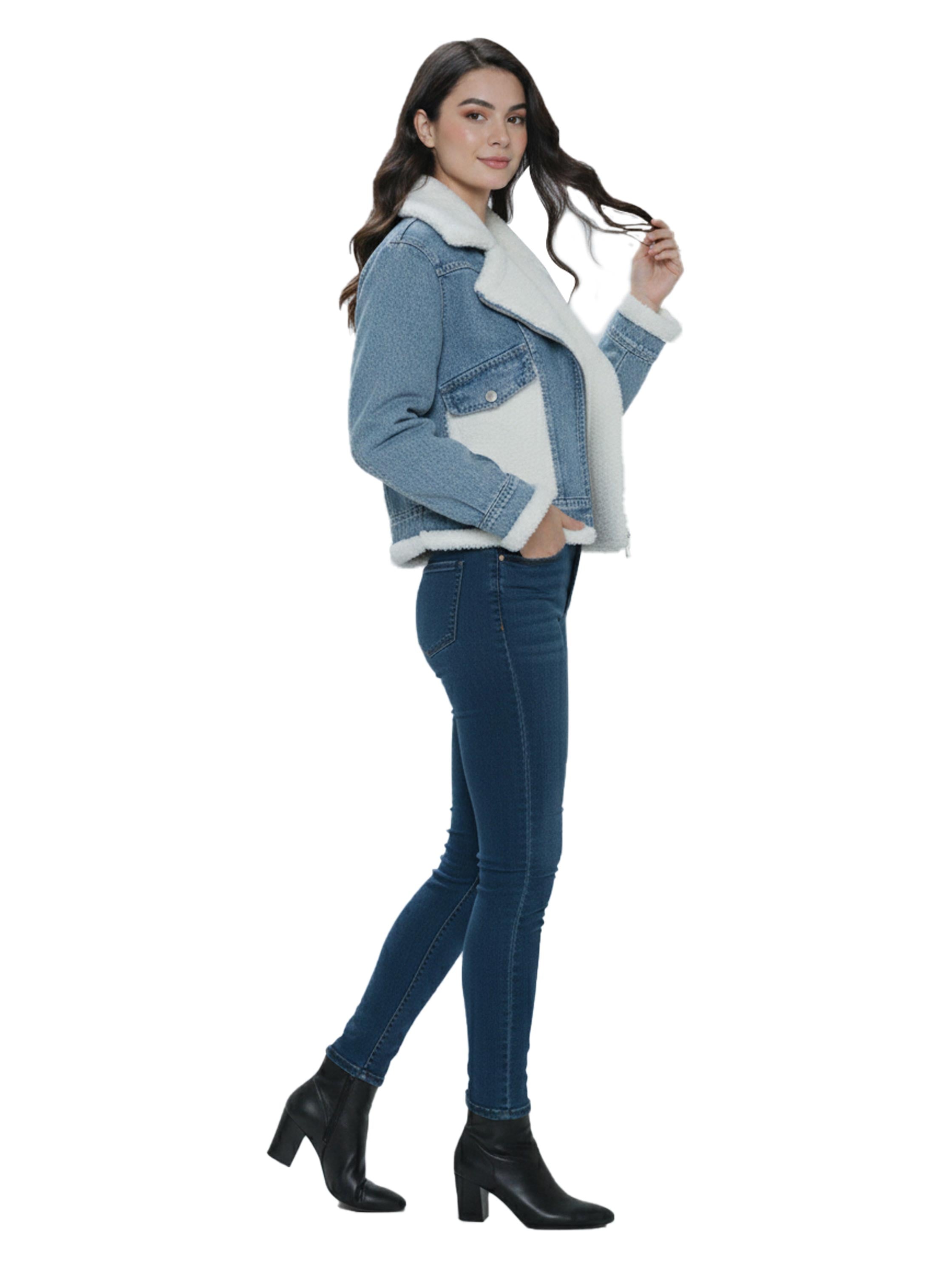 Blue Denim Jacket With white Fure Design