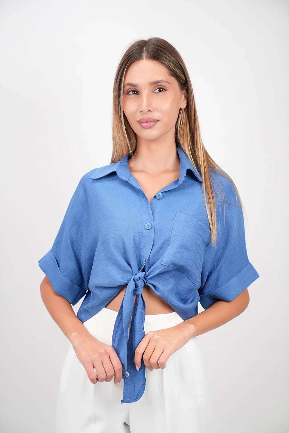 Dark Blue Crop Shirt With Tie Waist