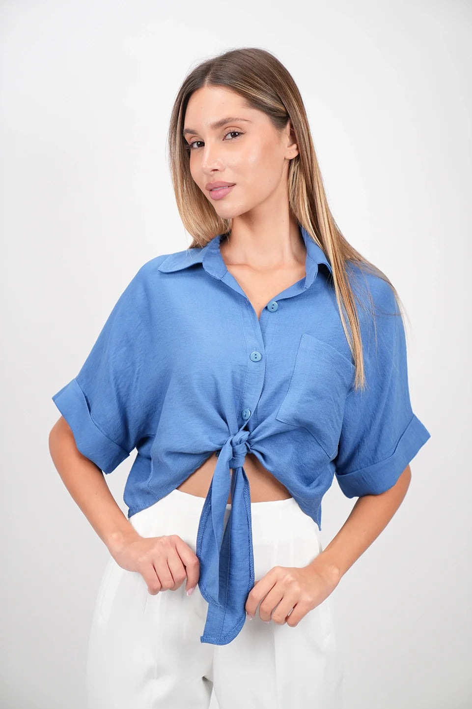 Dark Blue Crop Shirt With Tie Waist