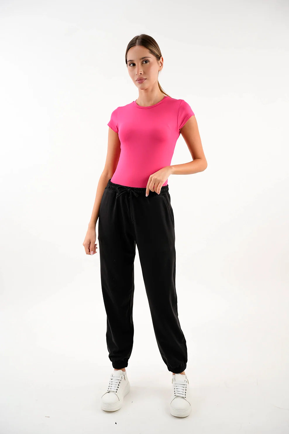 Crew Neck Basic Short Sleeved Fushia