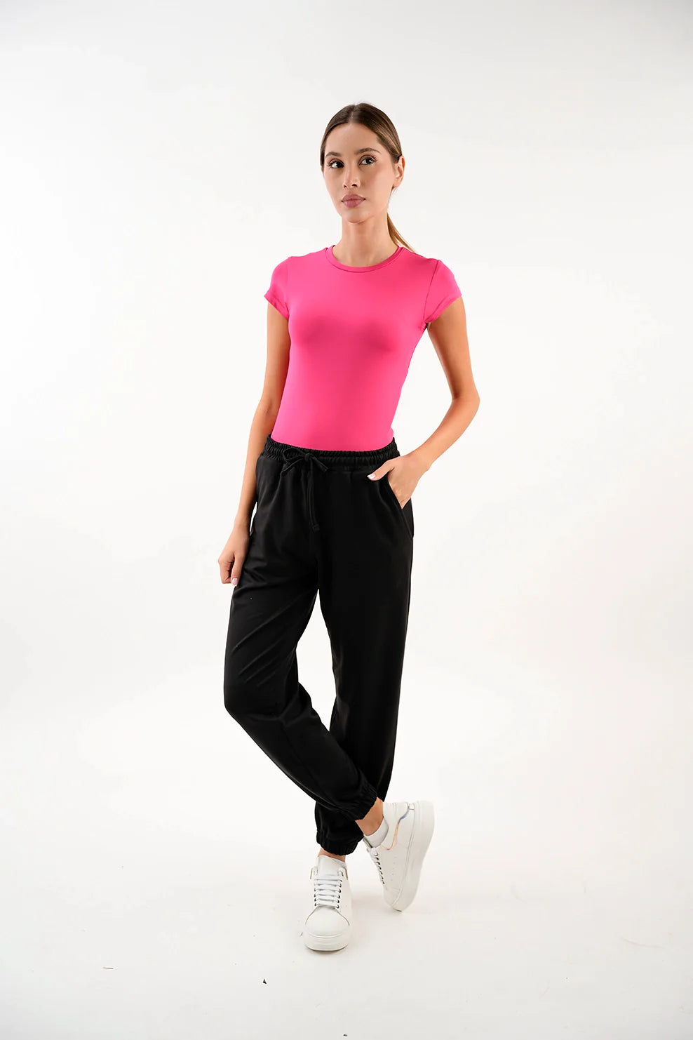 Crew Neck Basic Short Sleeved Fushia