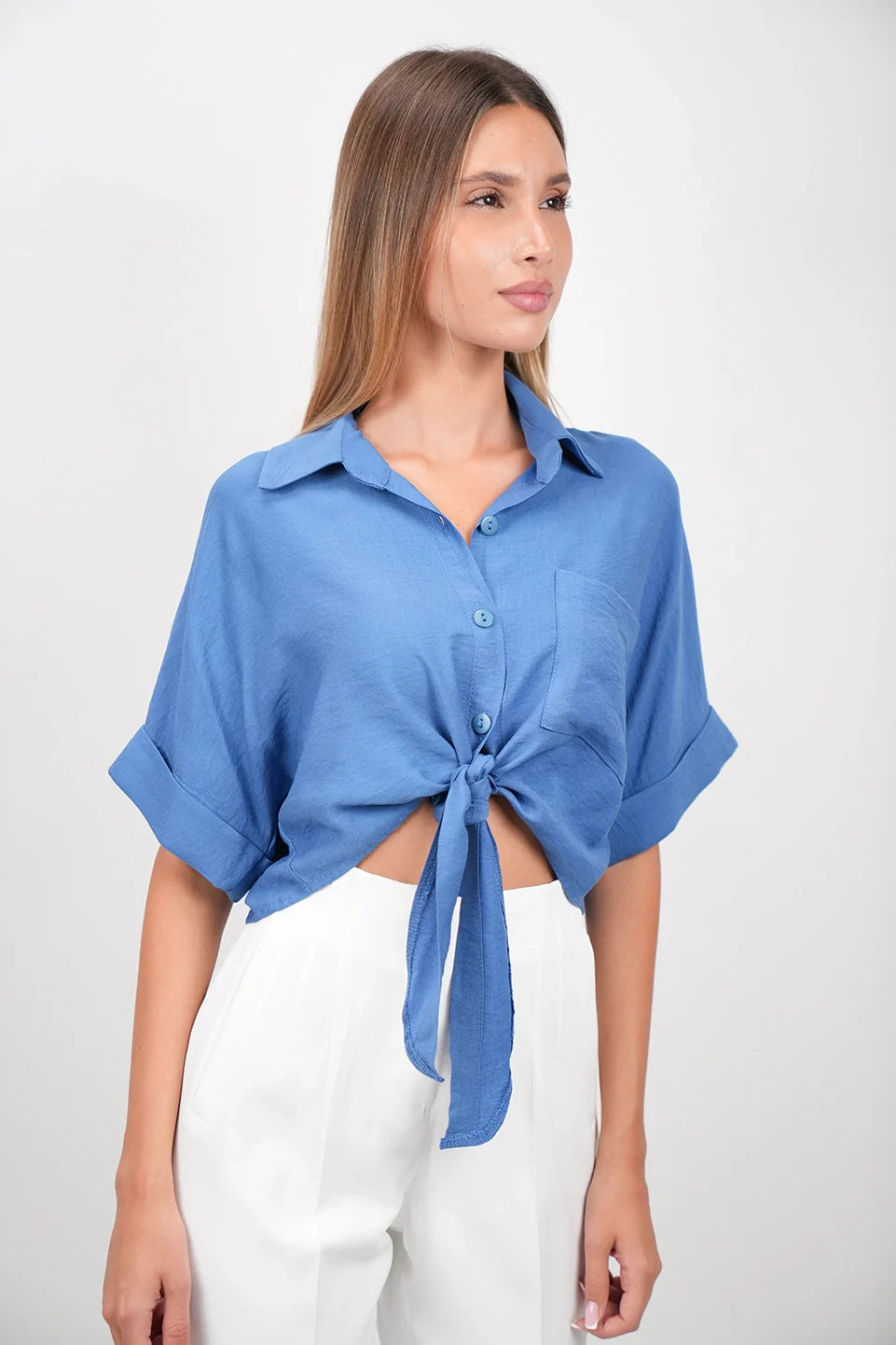 Dark Blue Crop Shirt With Tie Waist